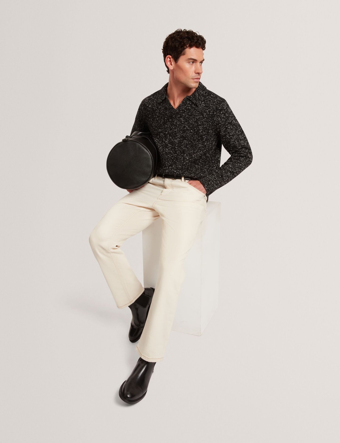 Ted Baker BERRETO Melange Knit Long Sleeve Polo Shirt BLACK