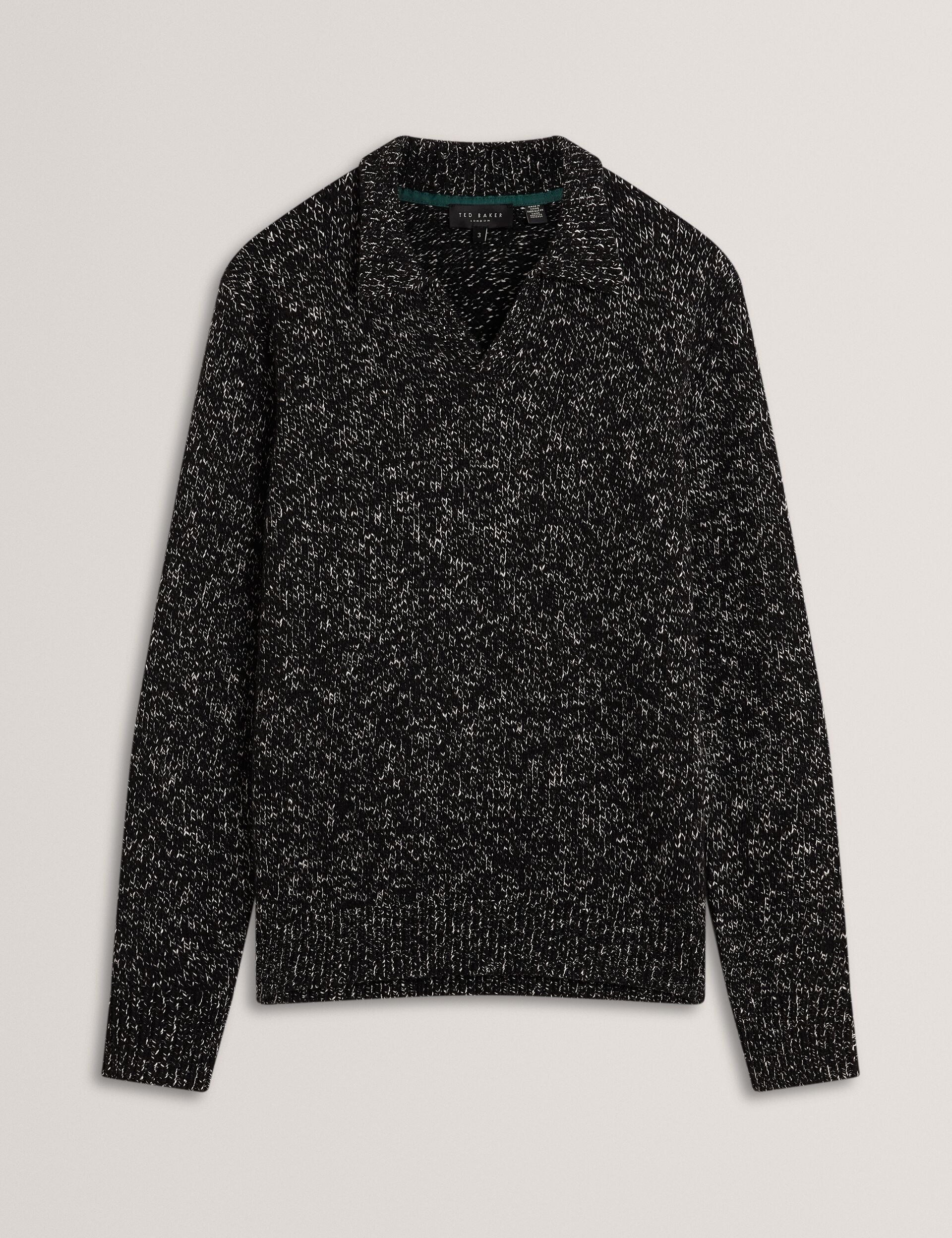 Ted Baker BERRETO Melange Knit Long Sleeve Polo Shirt BLACK