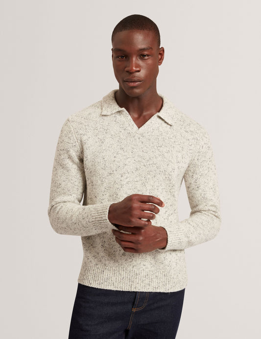Ted Baker BERRETO Melange Knit Long Sleeve Polo Shirt LIGHT GREY