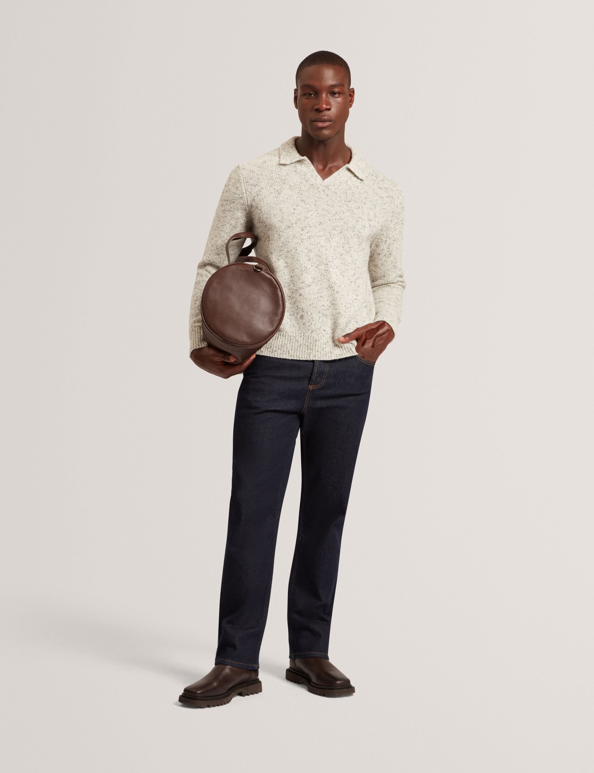 Ted Baker BERRETO Melange Knit Long Sleeve Polo Shirt LIGHT GREY