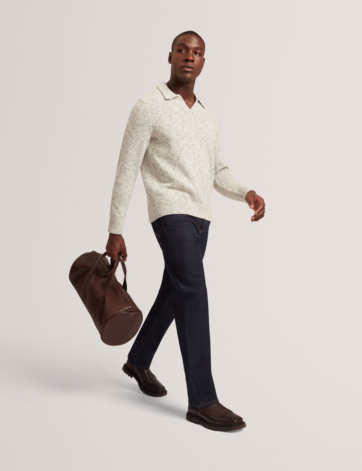Ted Baker BERRETO Melange Knit Long Sleeve Polo Shirt LIGHT GREY