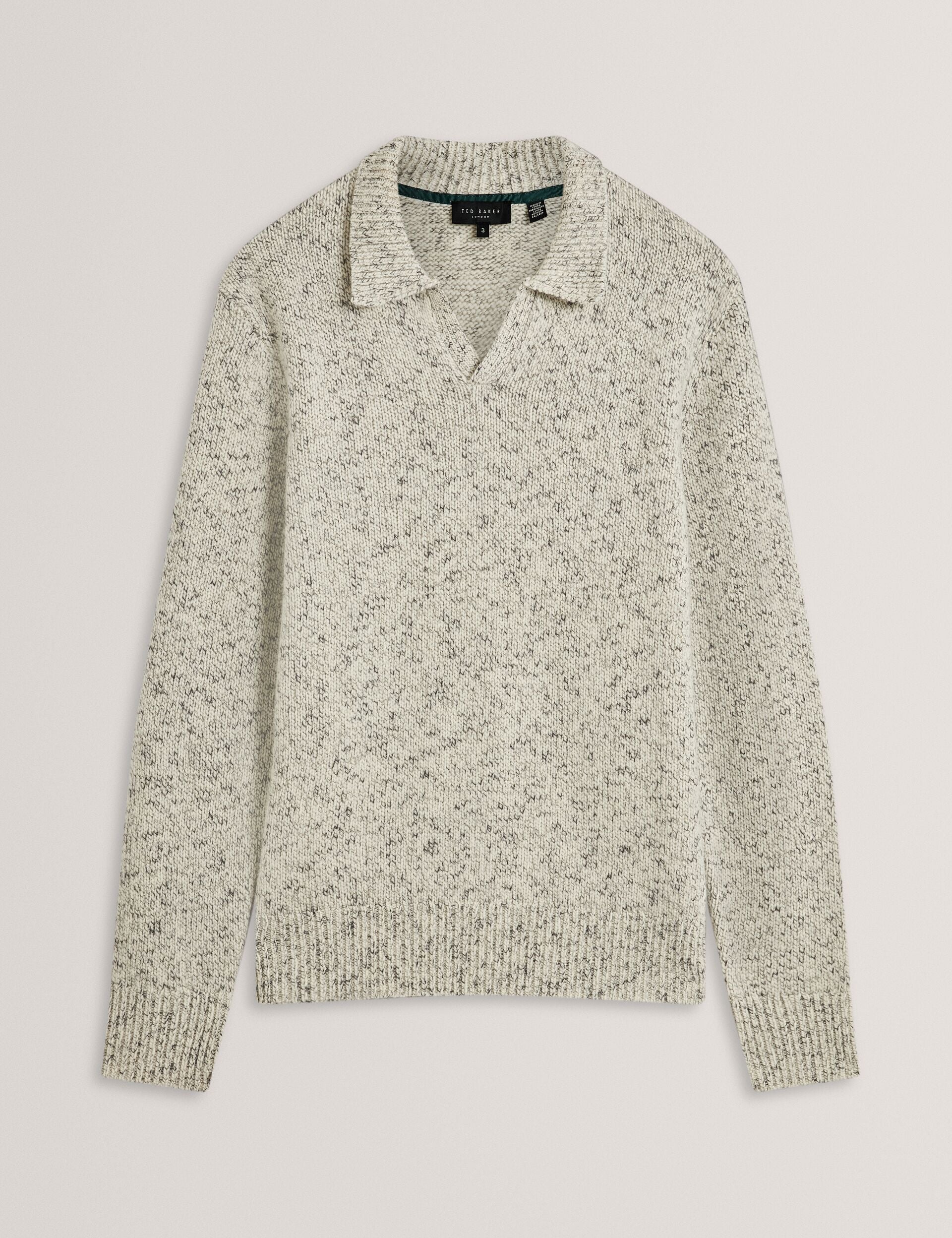 Ted Baker BERRETO Melange Knit Long Sleeve Polo Shirt LIGHT GREY