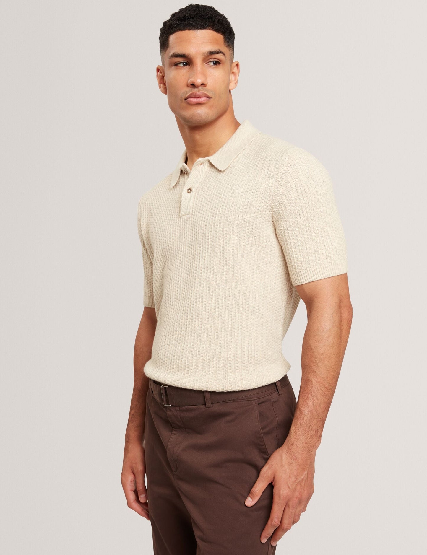Ted Baker CAELUM Herringbone Texture Knit Short Sleeve Polo NATURAL