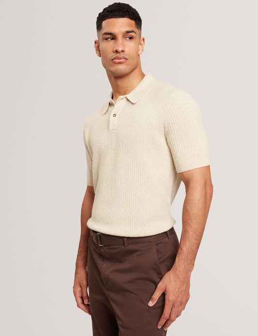 Ted Baker CAELUM Herringbone Texture Knit Short Sleeve Polo NATURAL