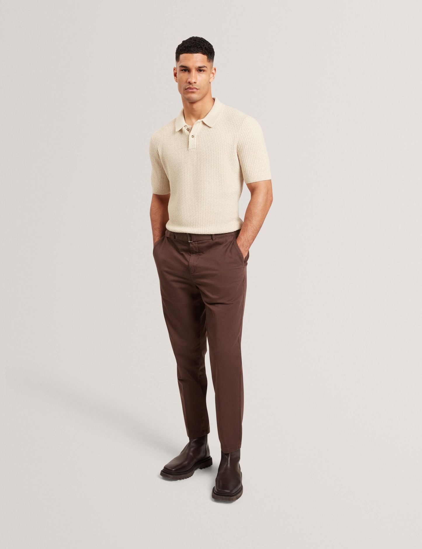 Ted Baker CAELUM Herringbone Texture Knit Short Sleeve Polo NATURAL