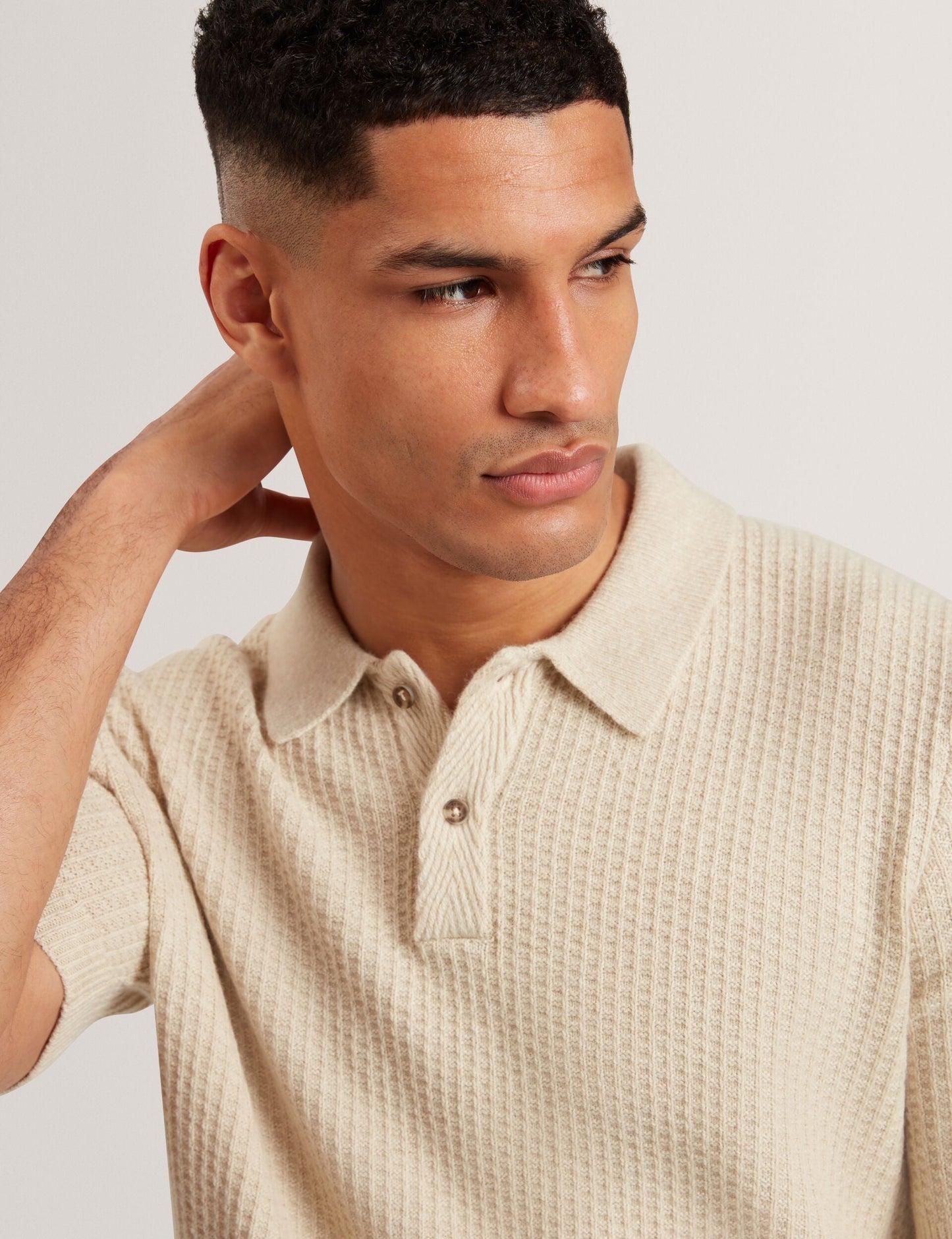 Ted Baker CAELUM Herringbone Texture Knit Short Sleeve Polo NATURAL