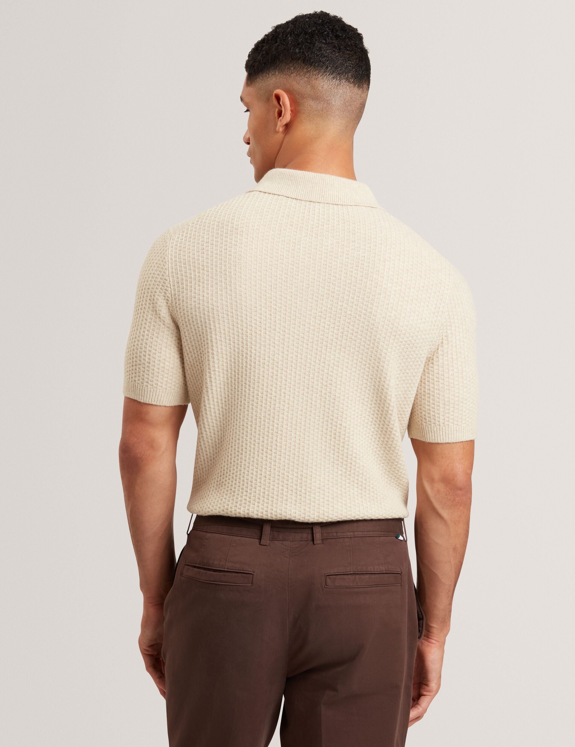 Ted Baker CAELUM Herringbone Texture Knit Short Sleeve Polo NATURAL