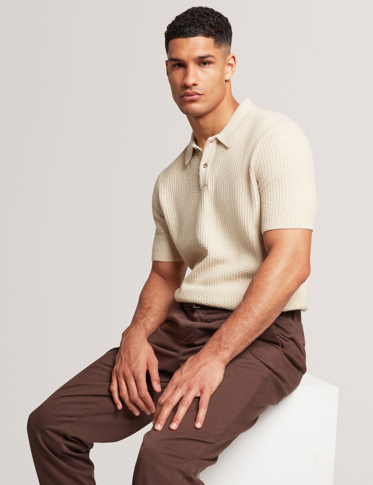 Ted Baker CAELUM Herringbone Texture Knit Short Sleeve Polo NATURAL