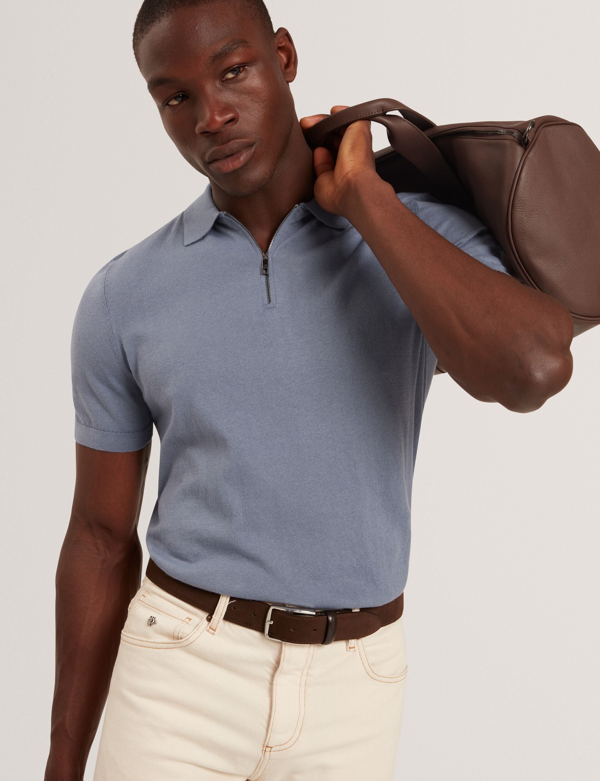 Ted Baker GIVRANS Silk Blend Knit Zip Neck Polo TEAL BLUE