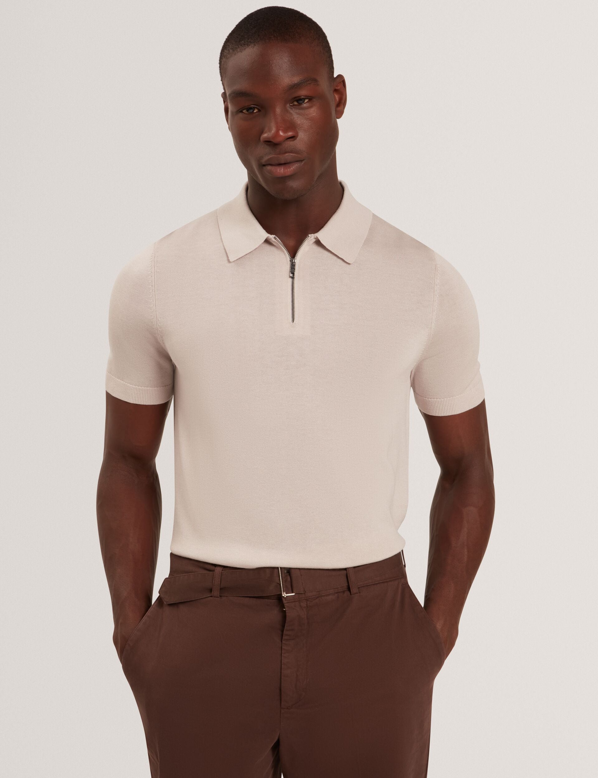 Ted Baker GIVRANS Silk Blend Knit Zip Neck Polo ECRU