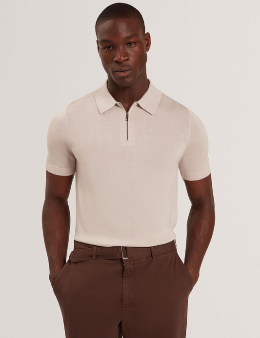 Ted Baker GIVRANS Silk Blend Knit Zip Neck Polo ECRU