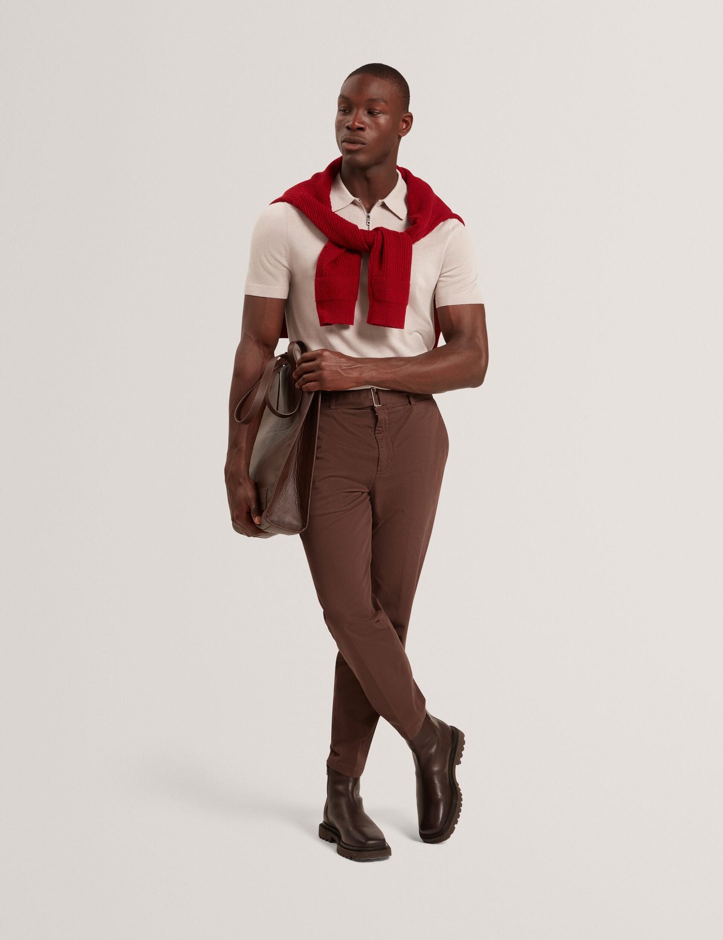 Ted Baker GIVRANS Silk Blend Knit Zip Neck Polo ECRU