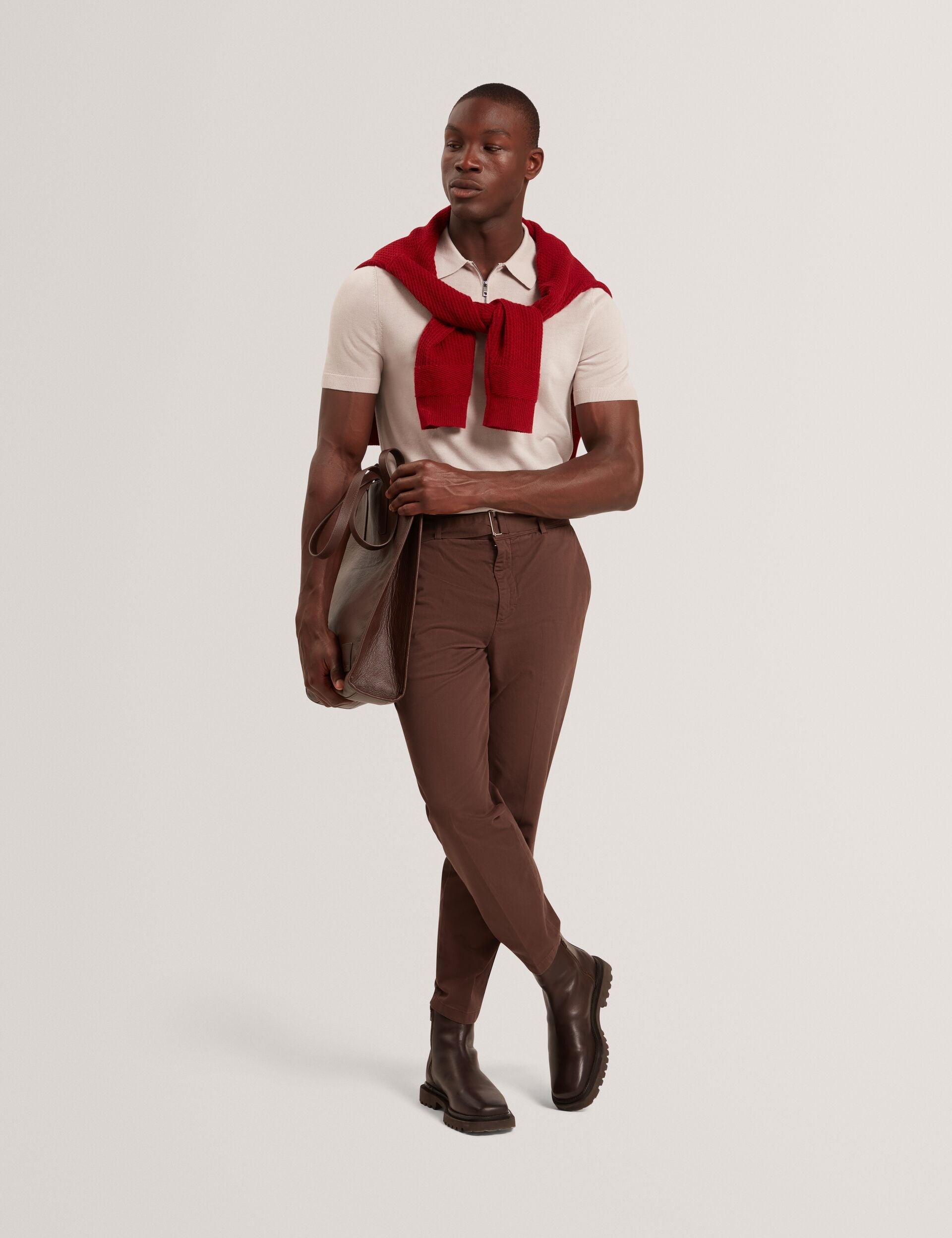 Ted Baker GIVRANS Silk Blend Knit Zip Neck Polo ECRU
