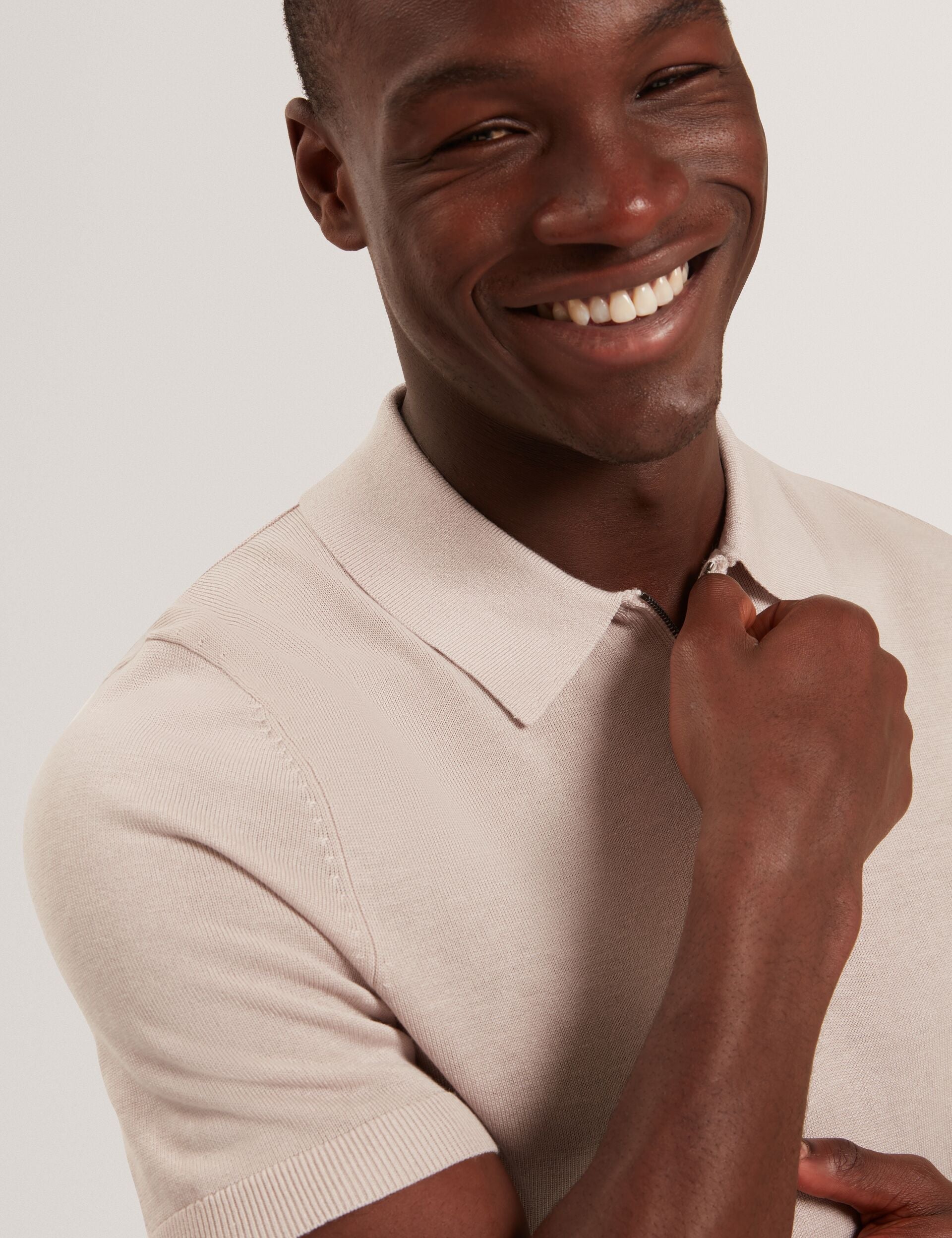 Ted Baker GIVRANS Silk Blend Knit Zip Neck Polo ECRU