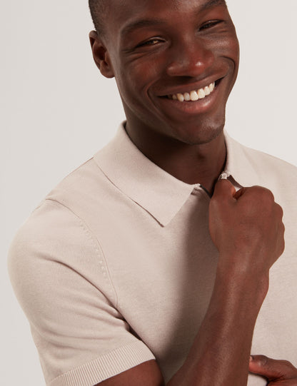 Ted Baker GIVRANS Silk Blend Knit Zip Neck Polo ECRU