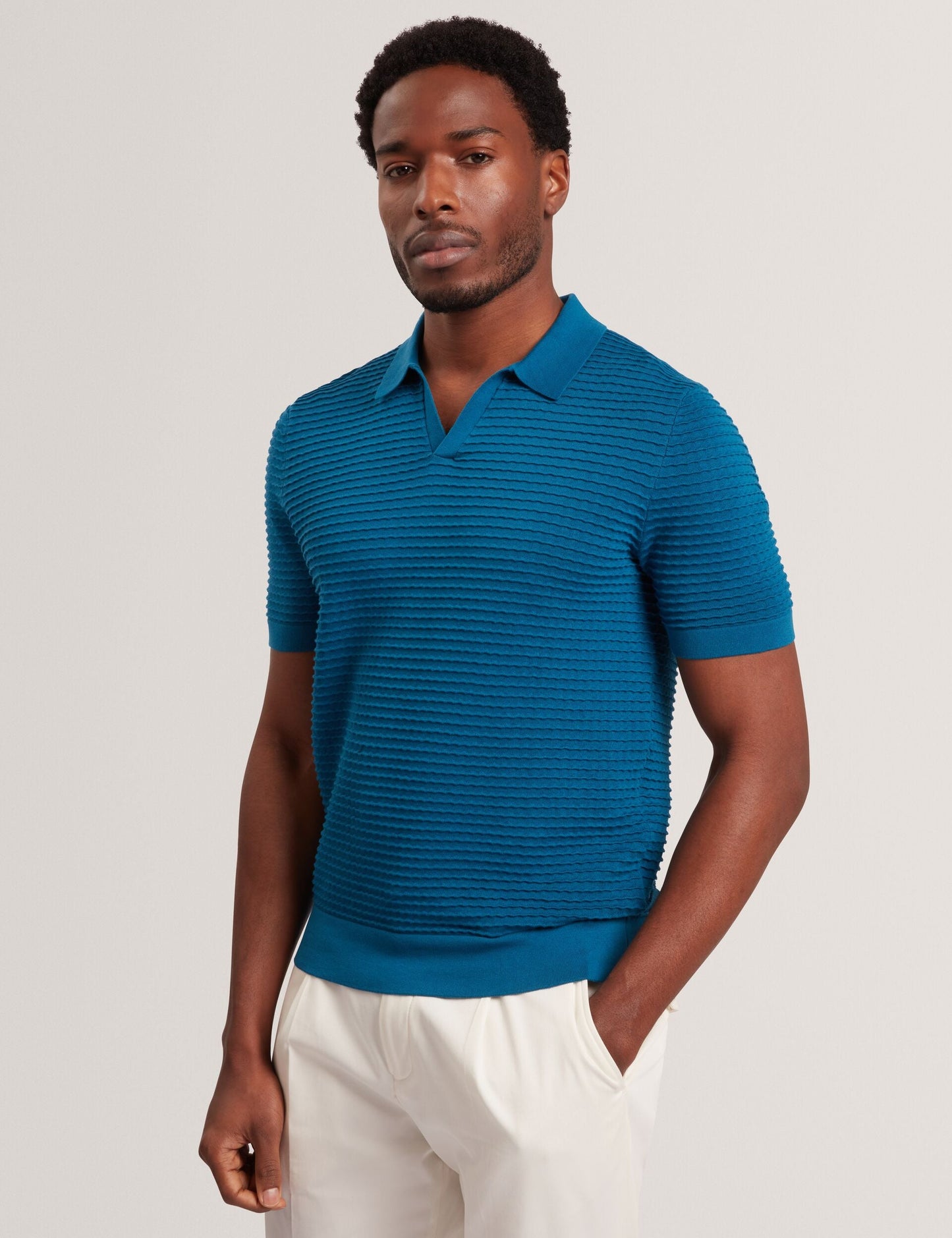 Ted Baker BESTEL Wave Stitch Pure Cotton Open Neck Polo NAVY GREEN