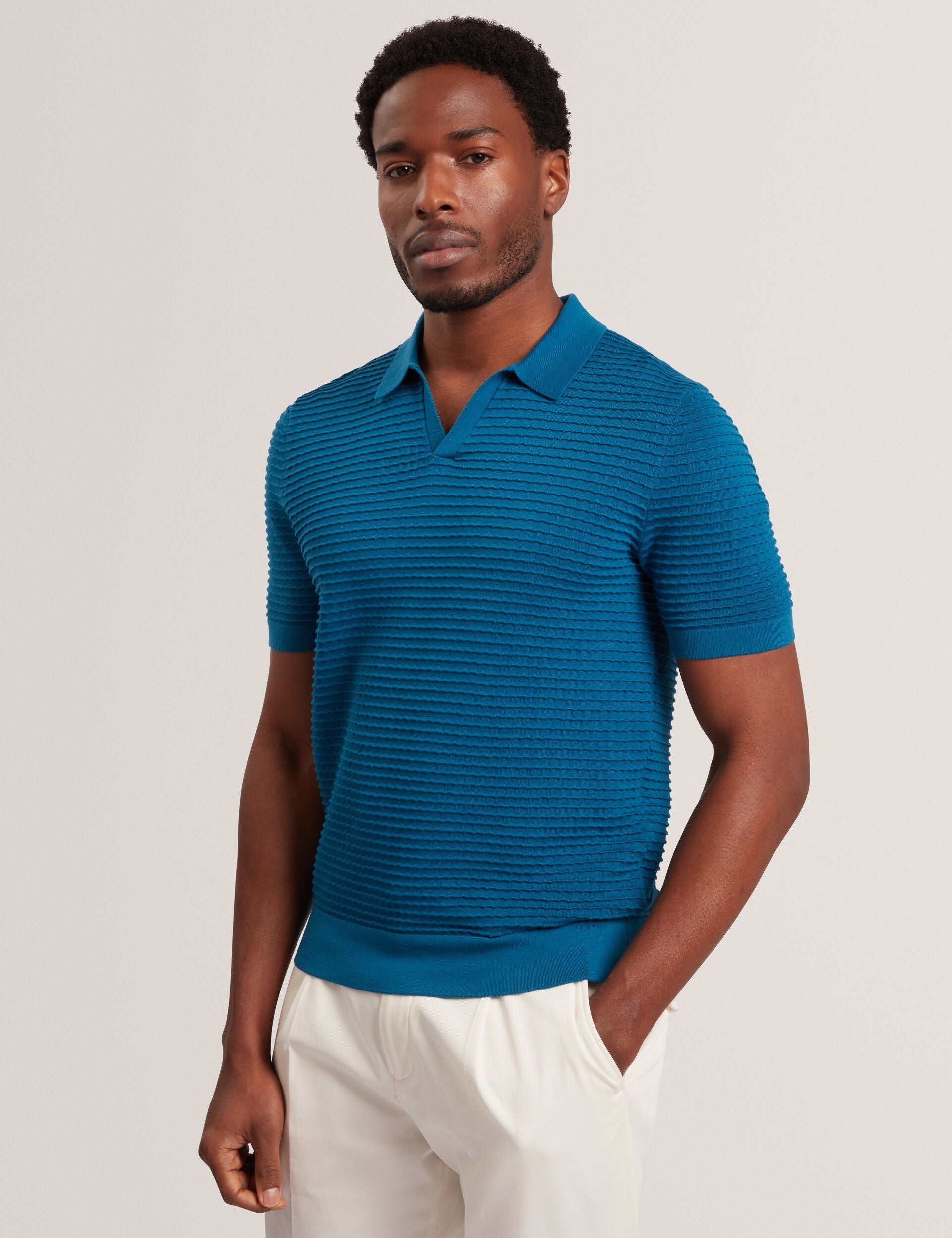 Ted Baker BESTEL Wave Stitch Pure Cotton Open Neck Polo NAVY GREEN