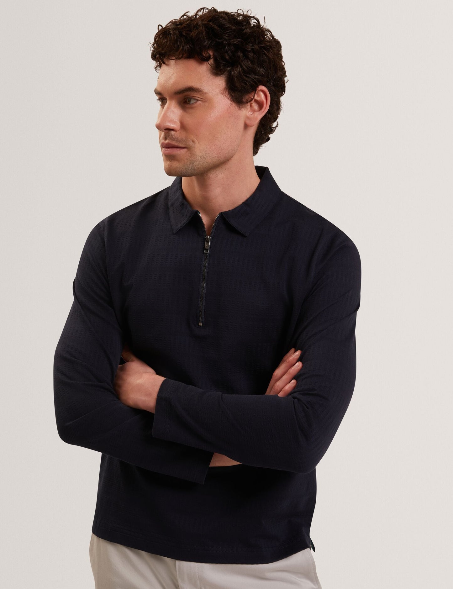 Ted Baker WYTHER Mixed Texture Zip Neck Long Sleeve Polo NAVY