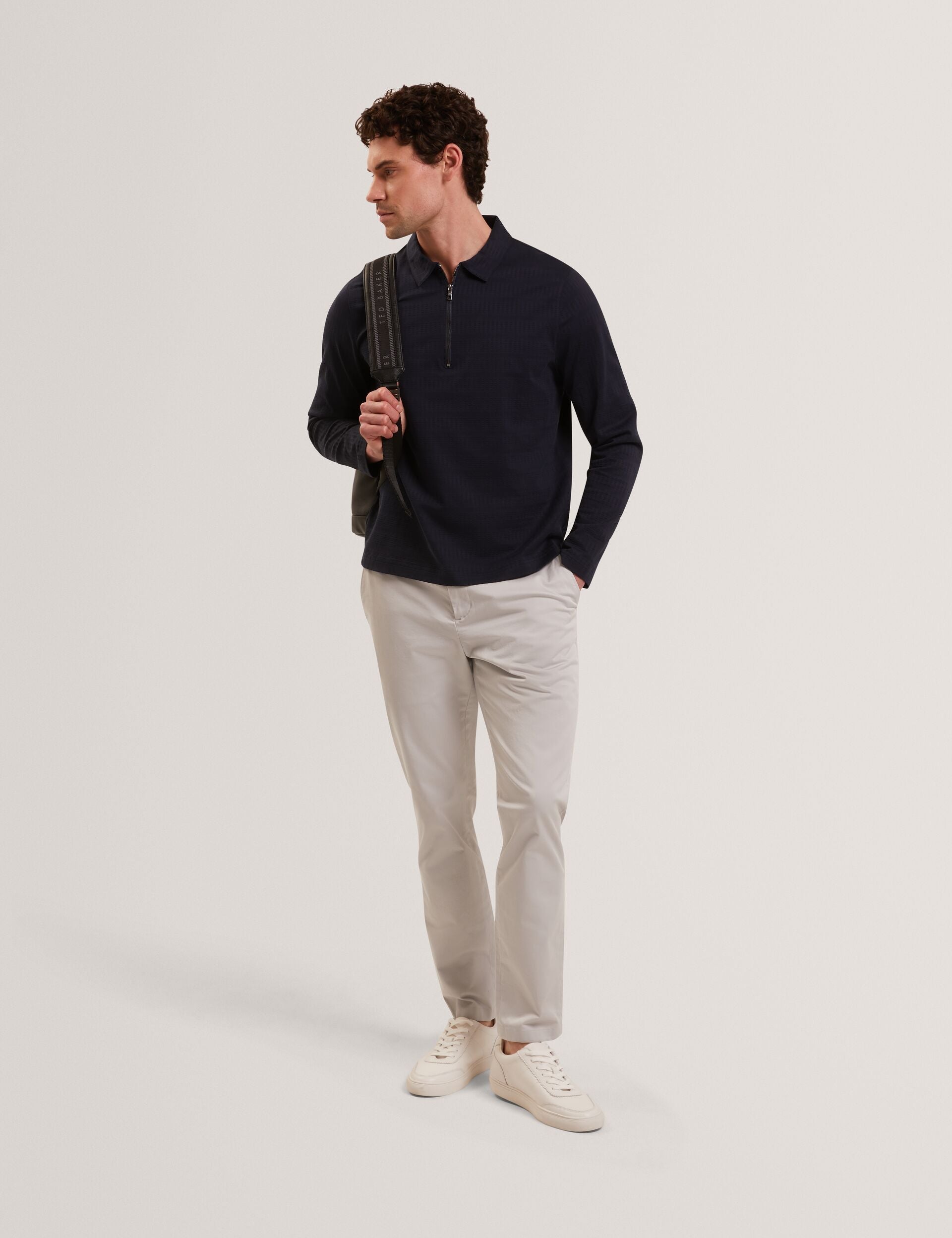 Ted Baker WYTHER Mixed Texture Zip Neck Long Sleeve Polo NAVY