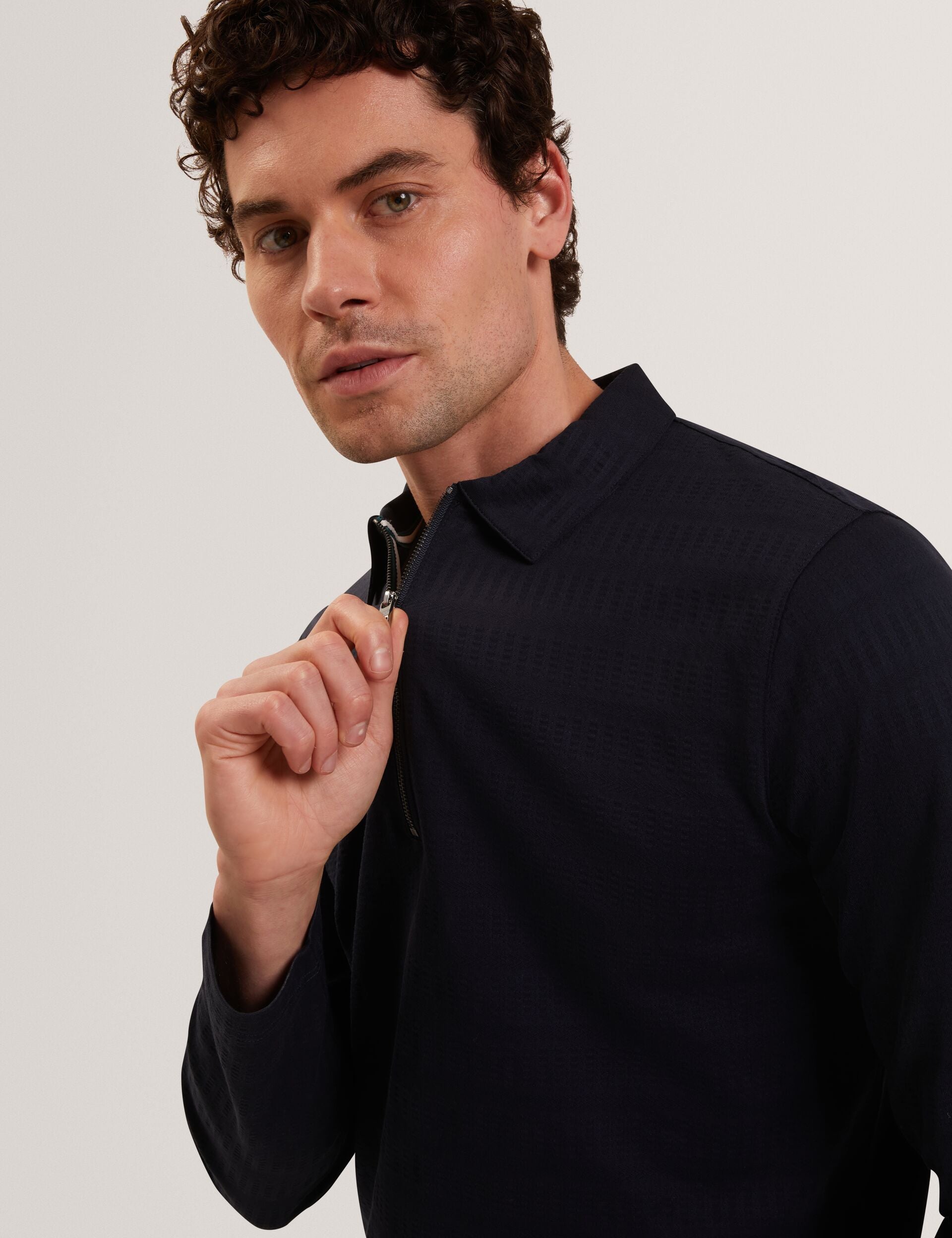 Ted Baker WYTHER Mixed Texture Zip Neck Long Sleeve Polo NAVY