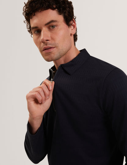 Ted Baker WYTHER Mixed Texture Zip Neck Long Sleeve Polo NAVY