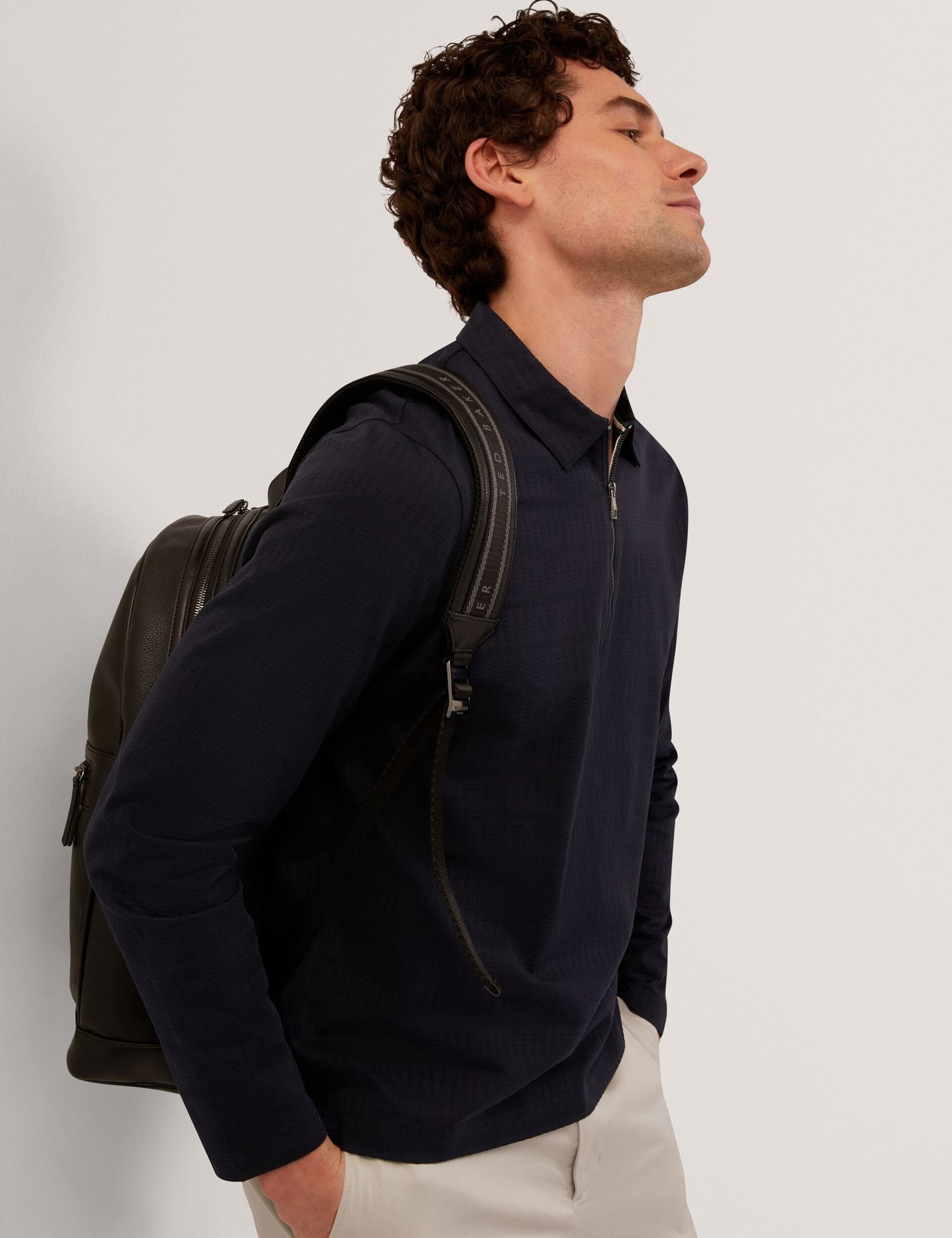 Ted Baker WYTHER Mixed Texture Zip Neck Long Sleeve Polo NAVY
