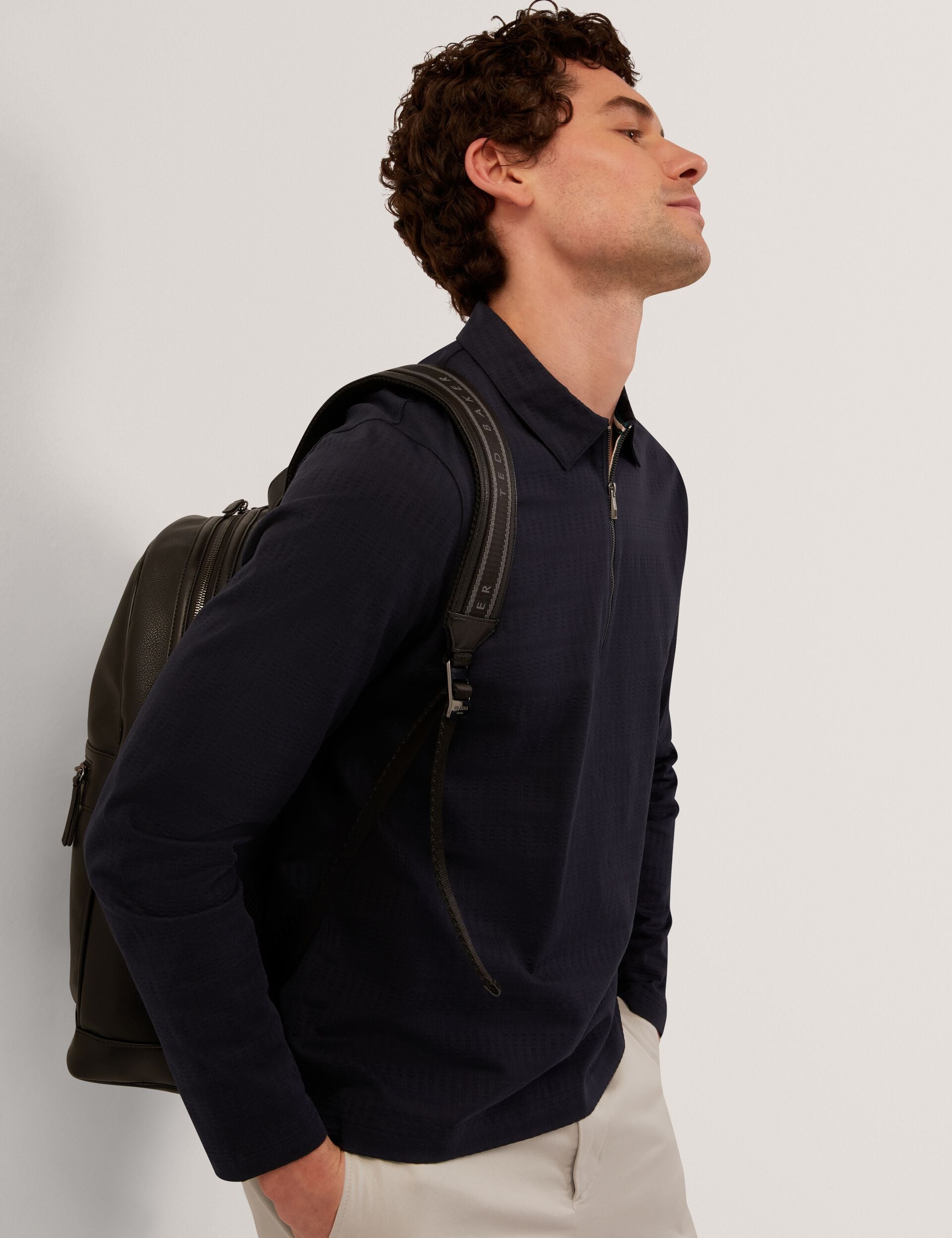 Ted Baker WYTHER Mixed Texture Zip Neck Long Sleeve Polo NAVY