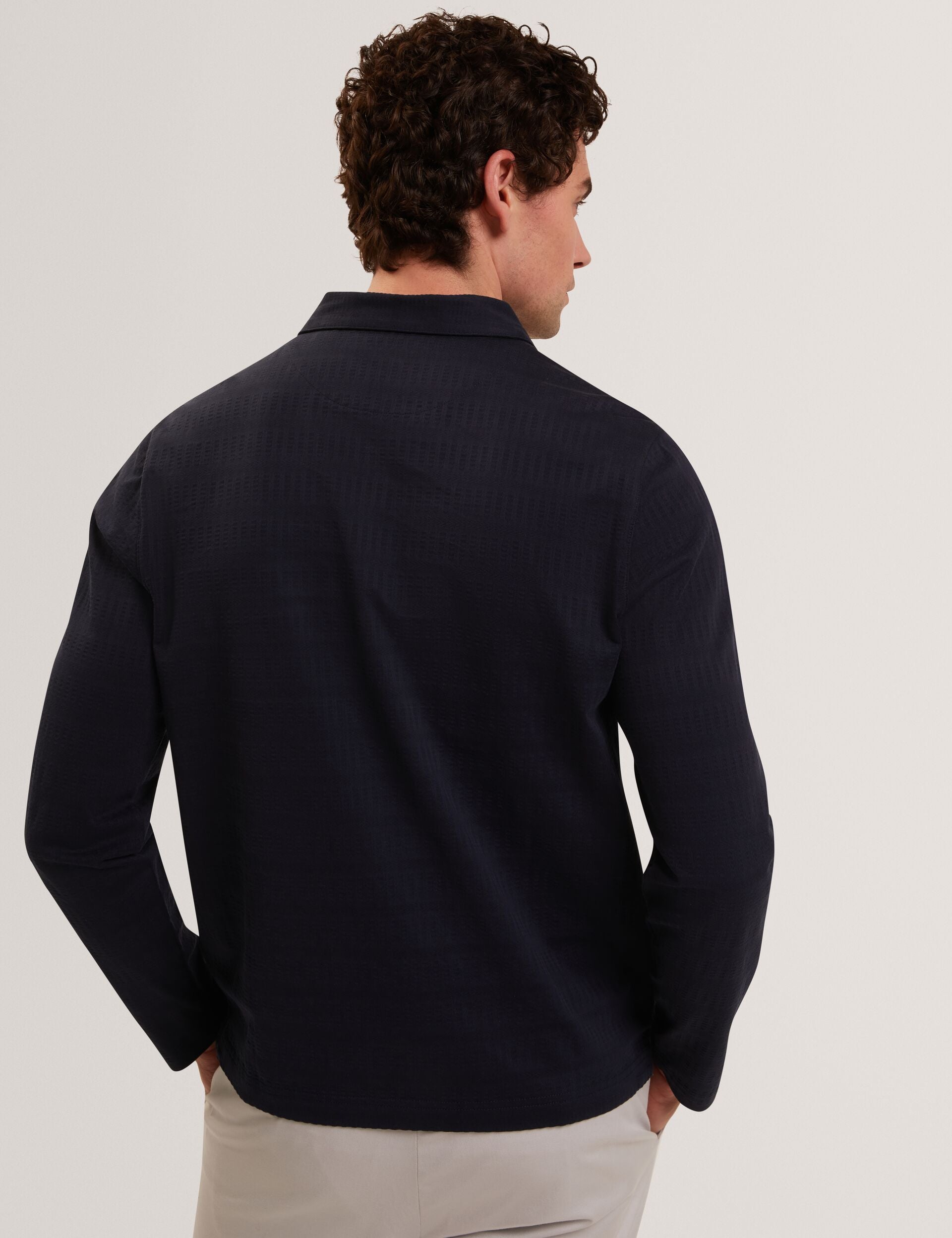 Ted Baker WYTHER Mixed Texture Zip Neck Long Sleeve Polo NAVY