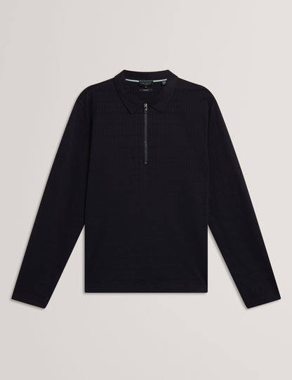 Ted Baker WYTHER Mixed Texture Zip Neck Long Sleeve Polo NAVY