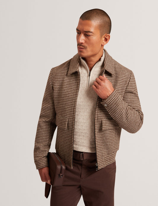 Ted Baker BAGLAN Dogtooth Check Wool Harrington Jacket STONE