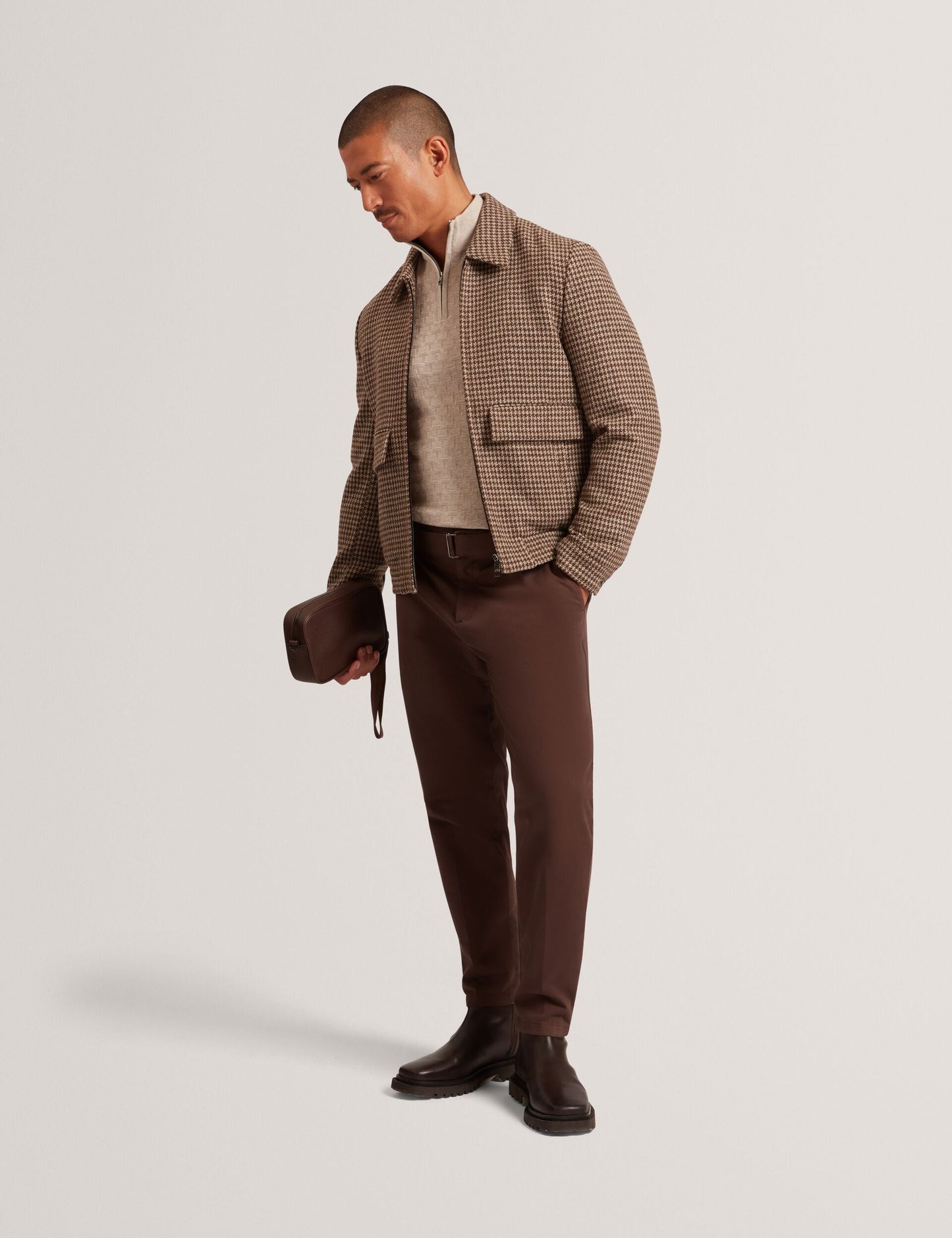 Ted Baker BAGLAN Dogtooth Check Wool Harrington Jacket STONE