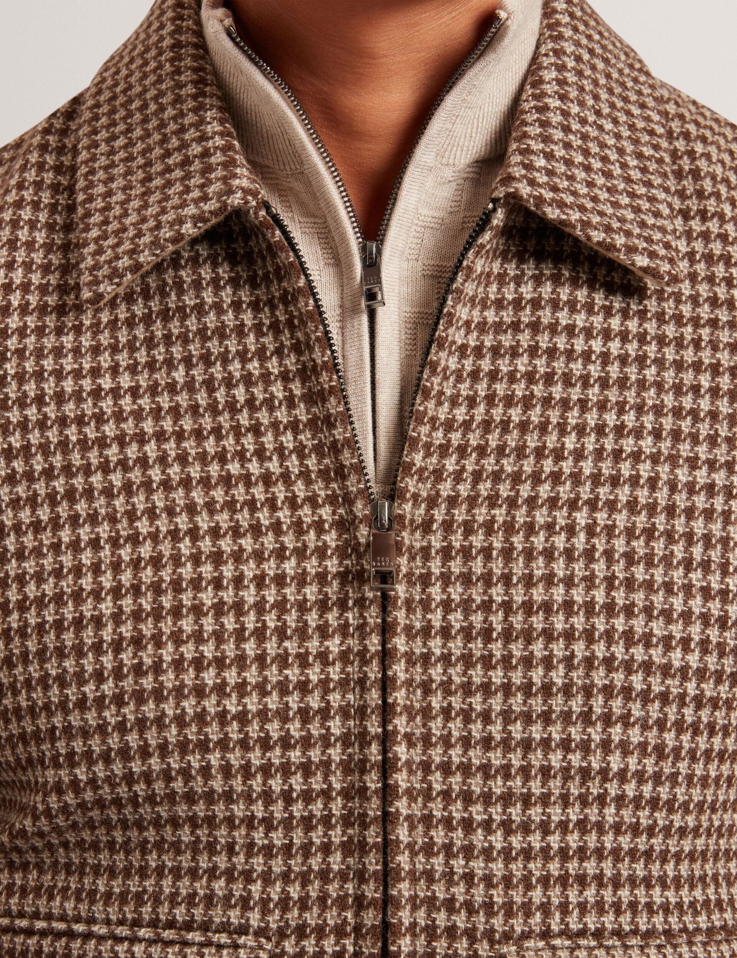 Ted Baker BAGLAN Dogtooth Check Wool Harrington Jacket STONE