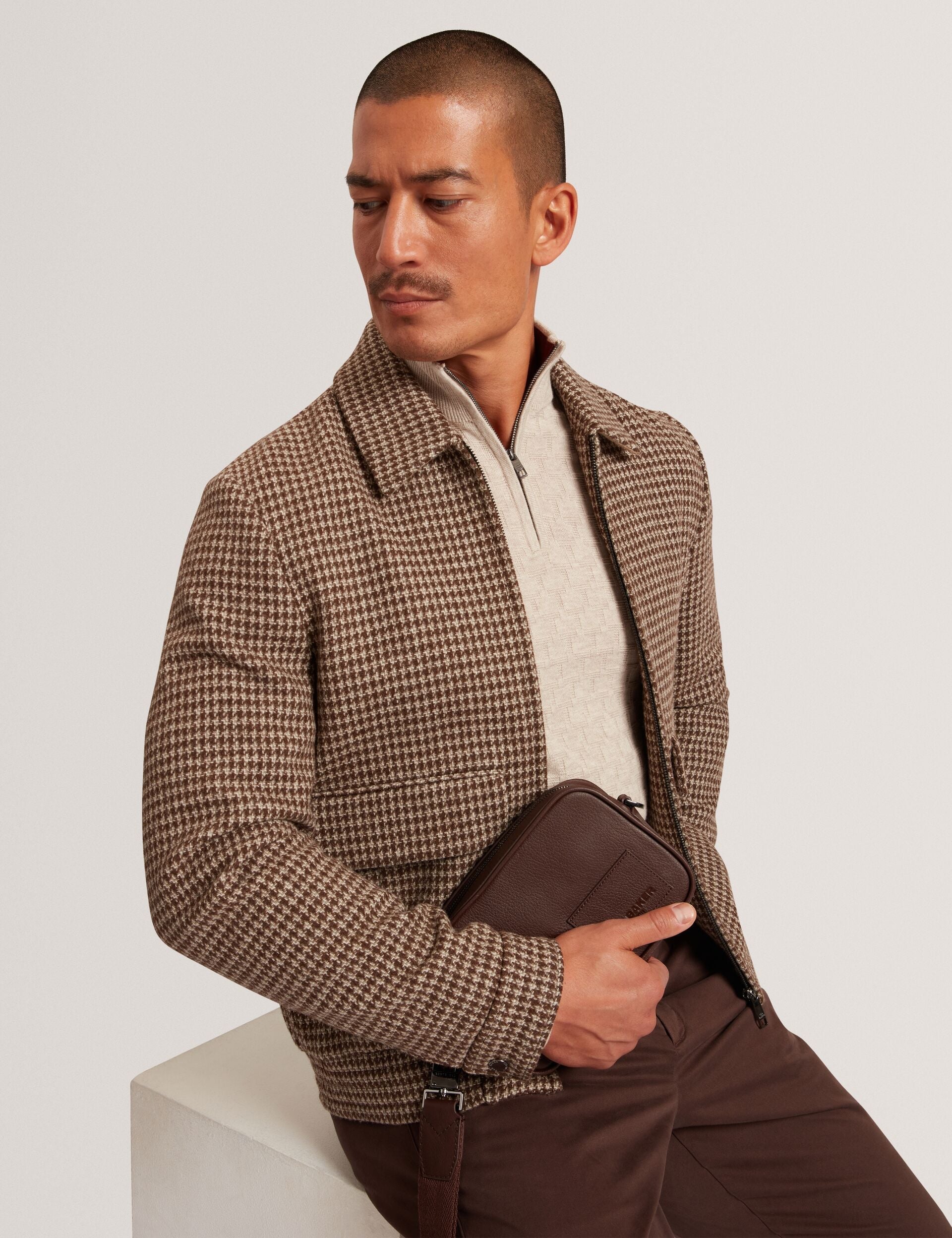 Ted Baker BAGLAN Dogtooth Check Wool Harrington Jacket STONE
