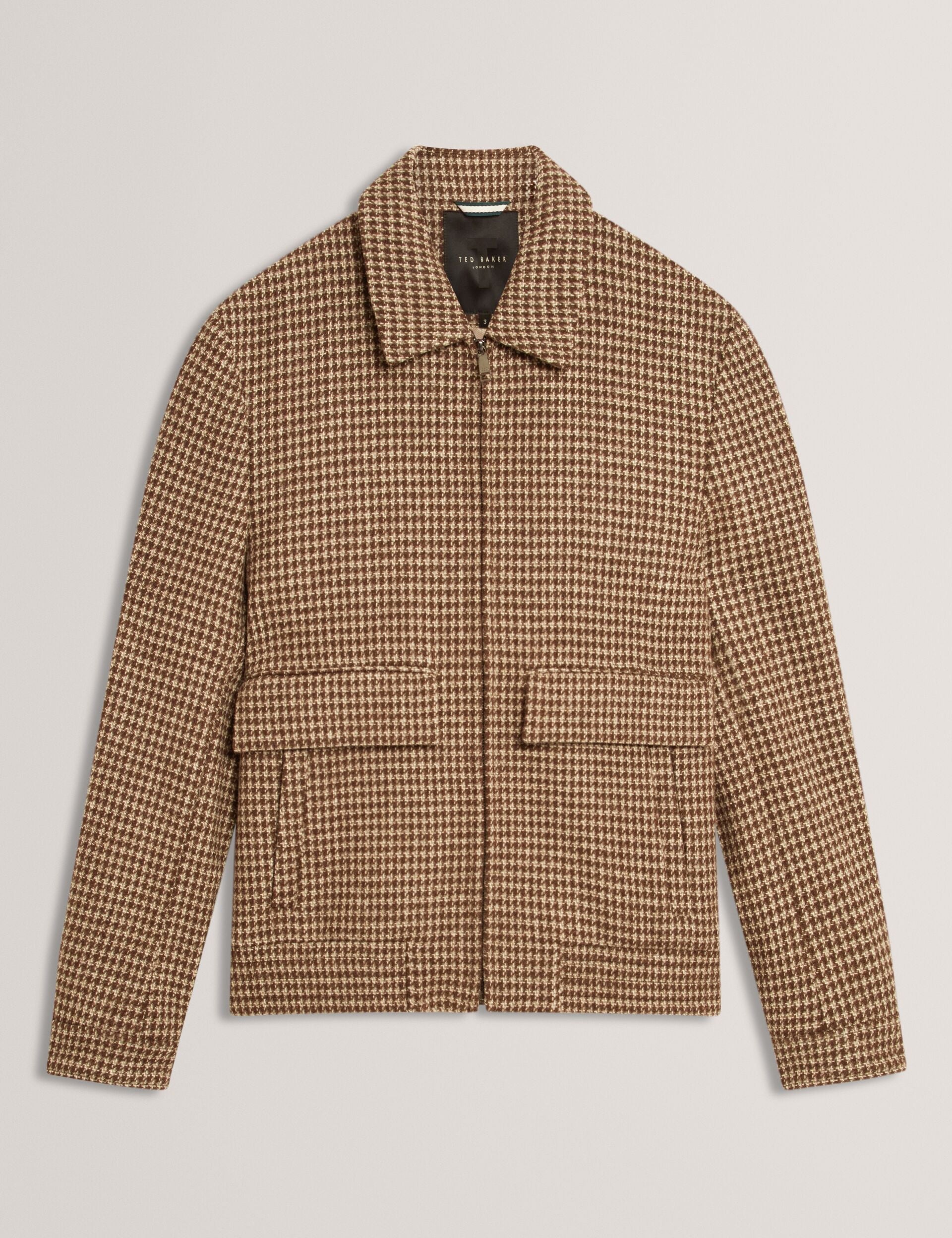 Ted Baker BAGLAN Dogtooth Check Wool Harrington Jacket STONE