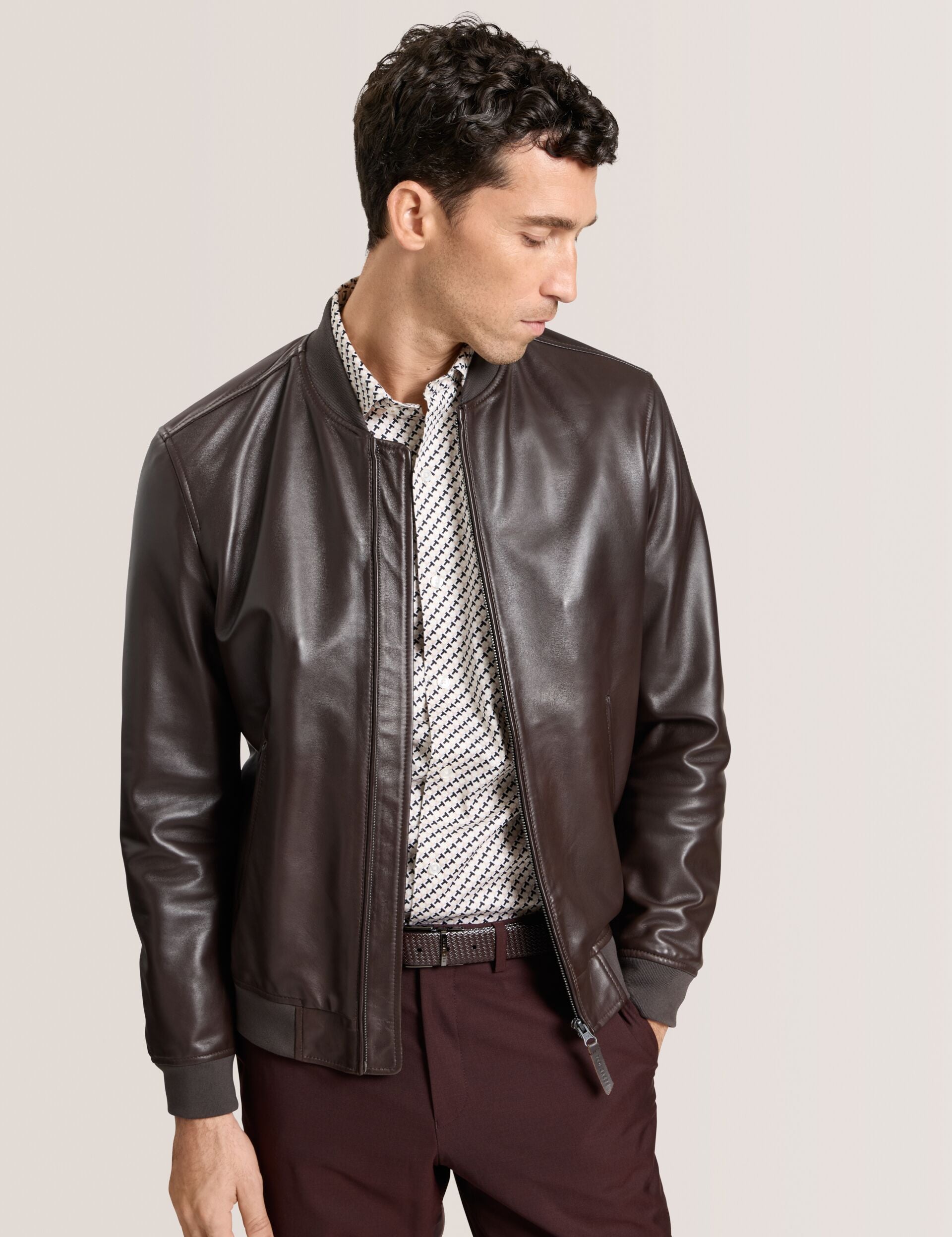 Ted Baker WAGGONER - Leather Bomber Jacket CHOCOLATE