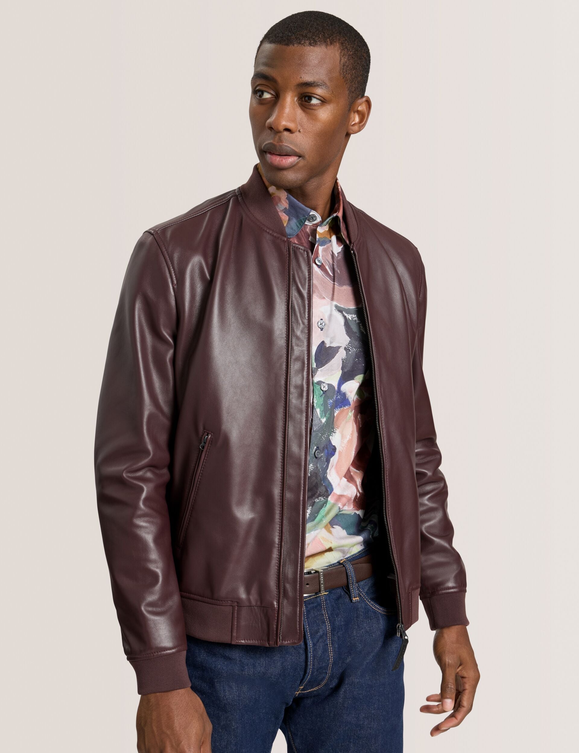 Ted Baker WAGGONER - Leather Bomber Jacket BURGUNDY