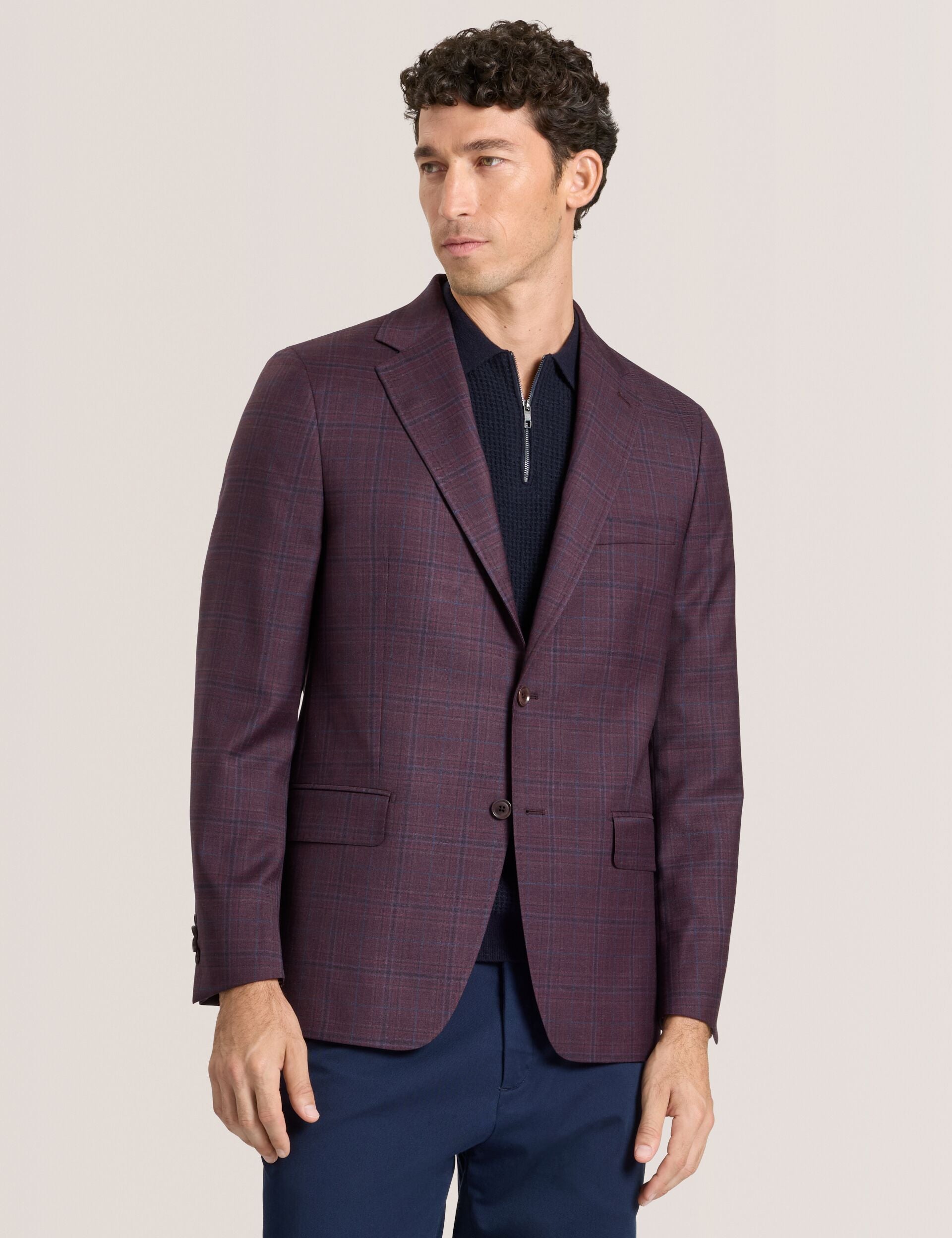 Ted Baker WINFRED – Single Breasted Two Button Notch Fully Fashioned Plaid Jacket BURGUNDY
