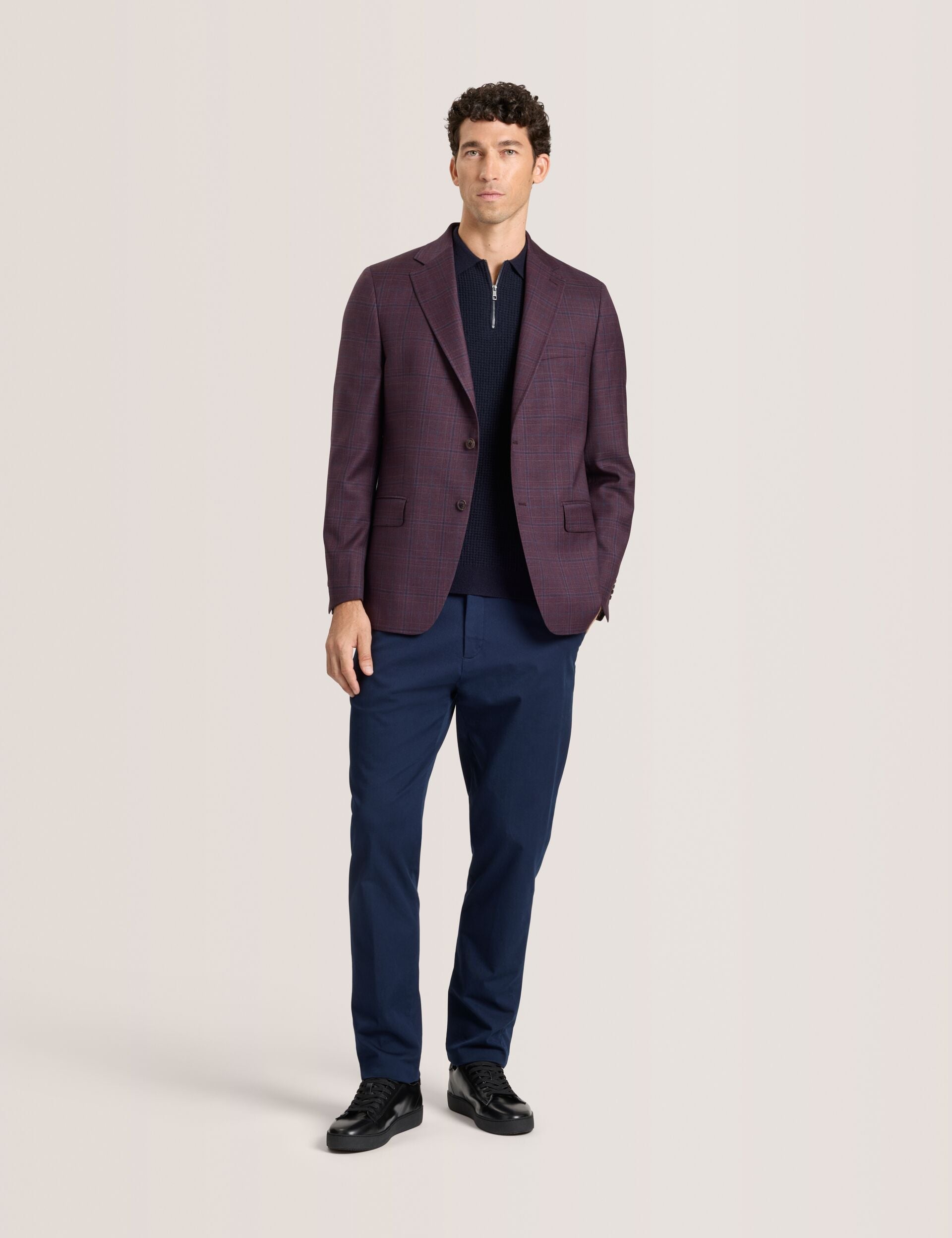 Ted Baker WINFRED – Single Breasted Two Button Notch Fully Fashioned Plaid Jacket BURGUNDY