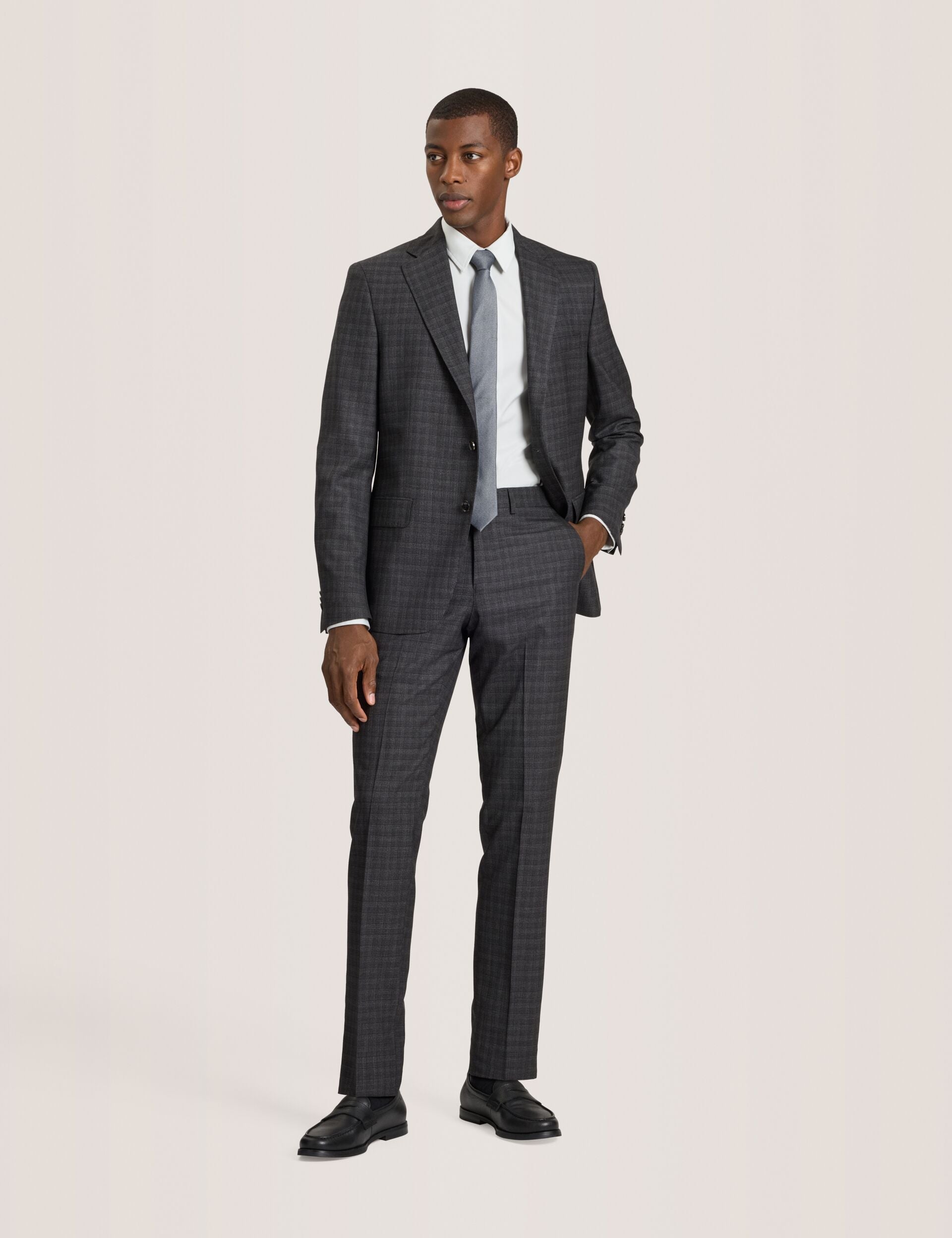 Ted Baker WRIGHT-TATTERSALL – Single Breasted Two Button Notch Fully Fashioned Tattersall Suit Jacket DARK GREY
