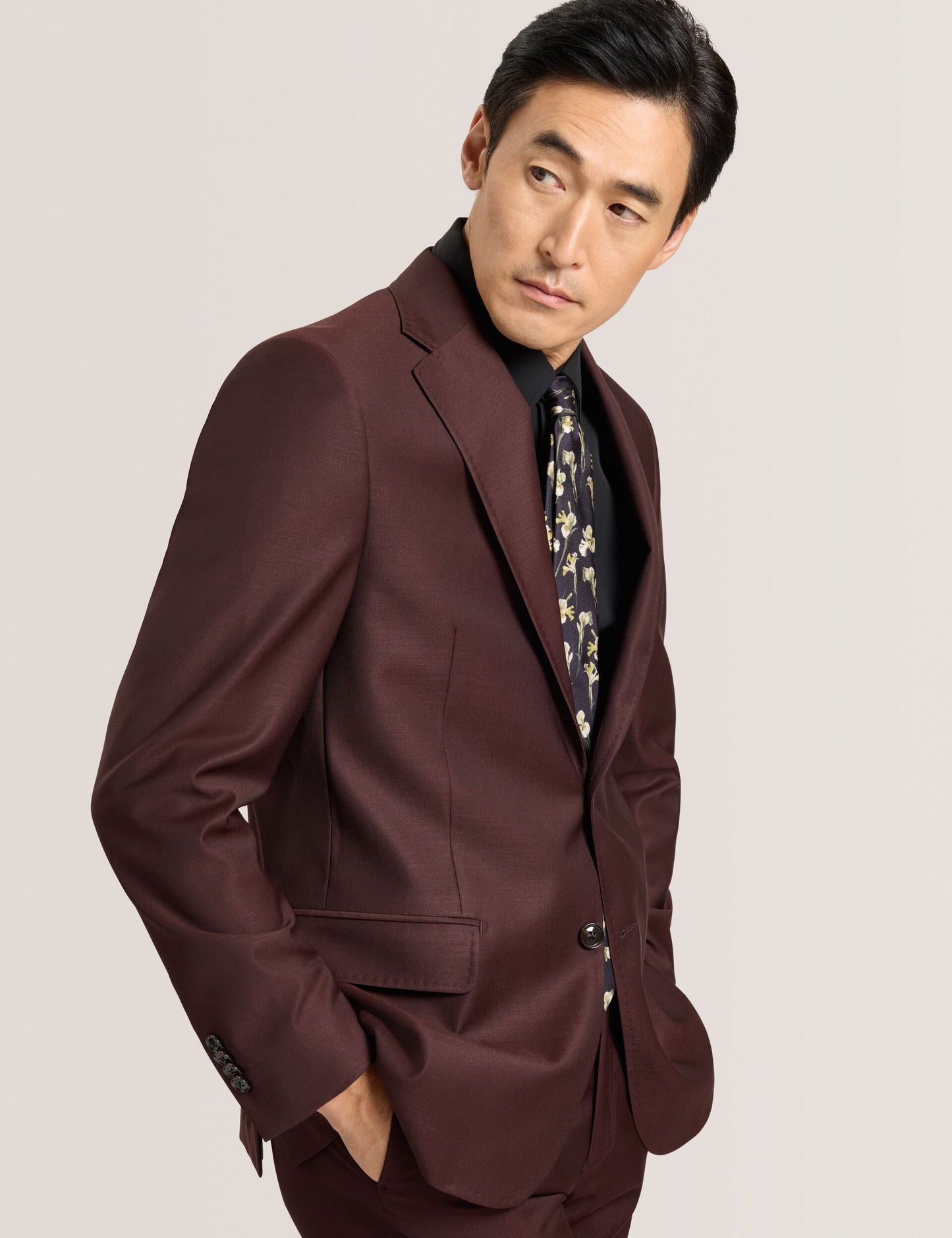 Ted Baker WRIGHT-TWILL – Single Breasted Two Button Notch Fully Fashioned Twill Suit Jacket BURGUNDY