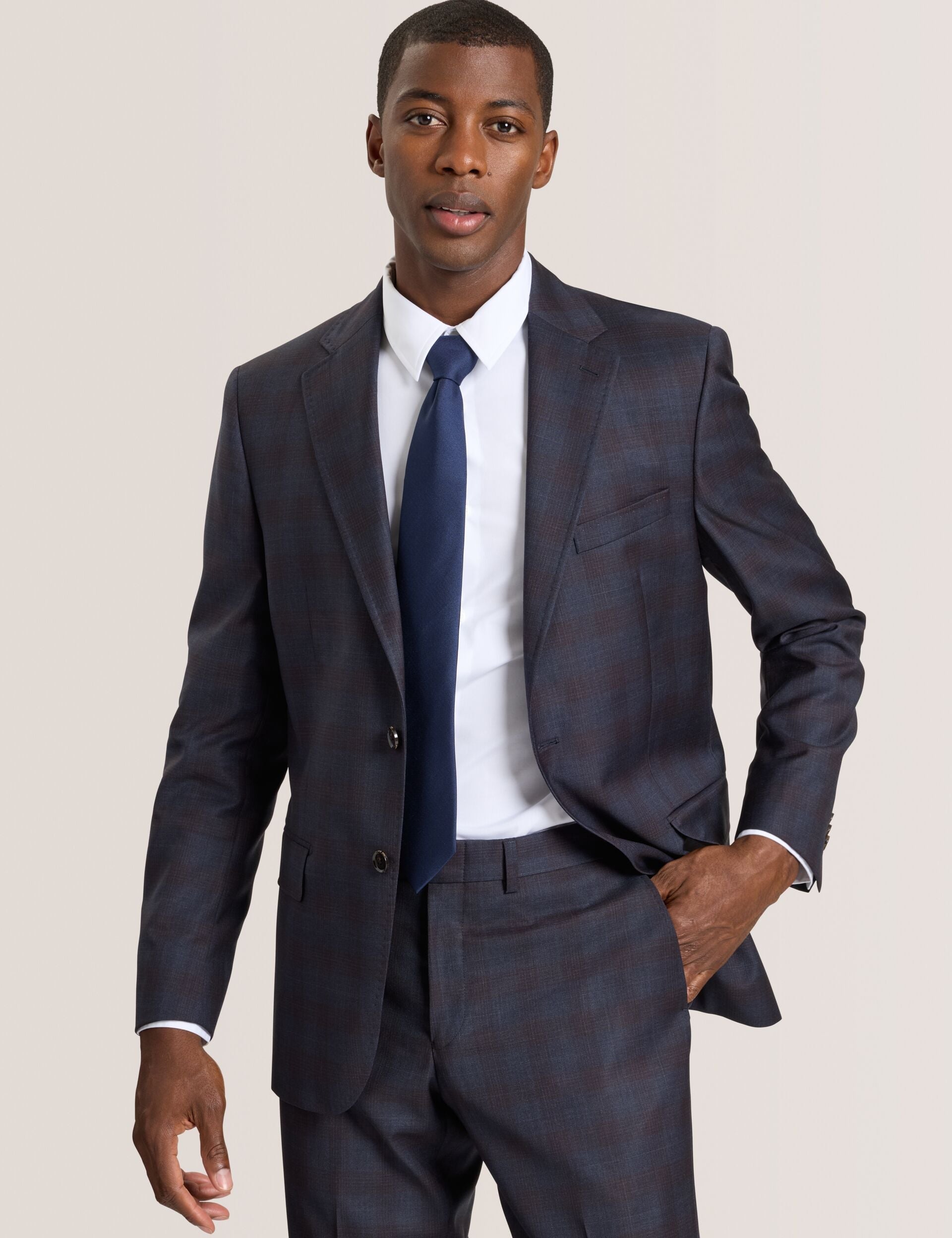 Ted Baker WRIGHT-PLAID – Single Breasted Two Button Notch Fully Fashioned Plaid Suit Jacket BROWN
