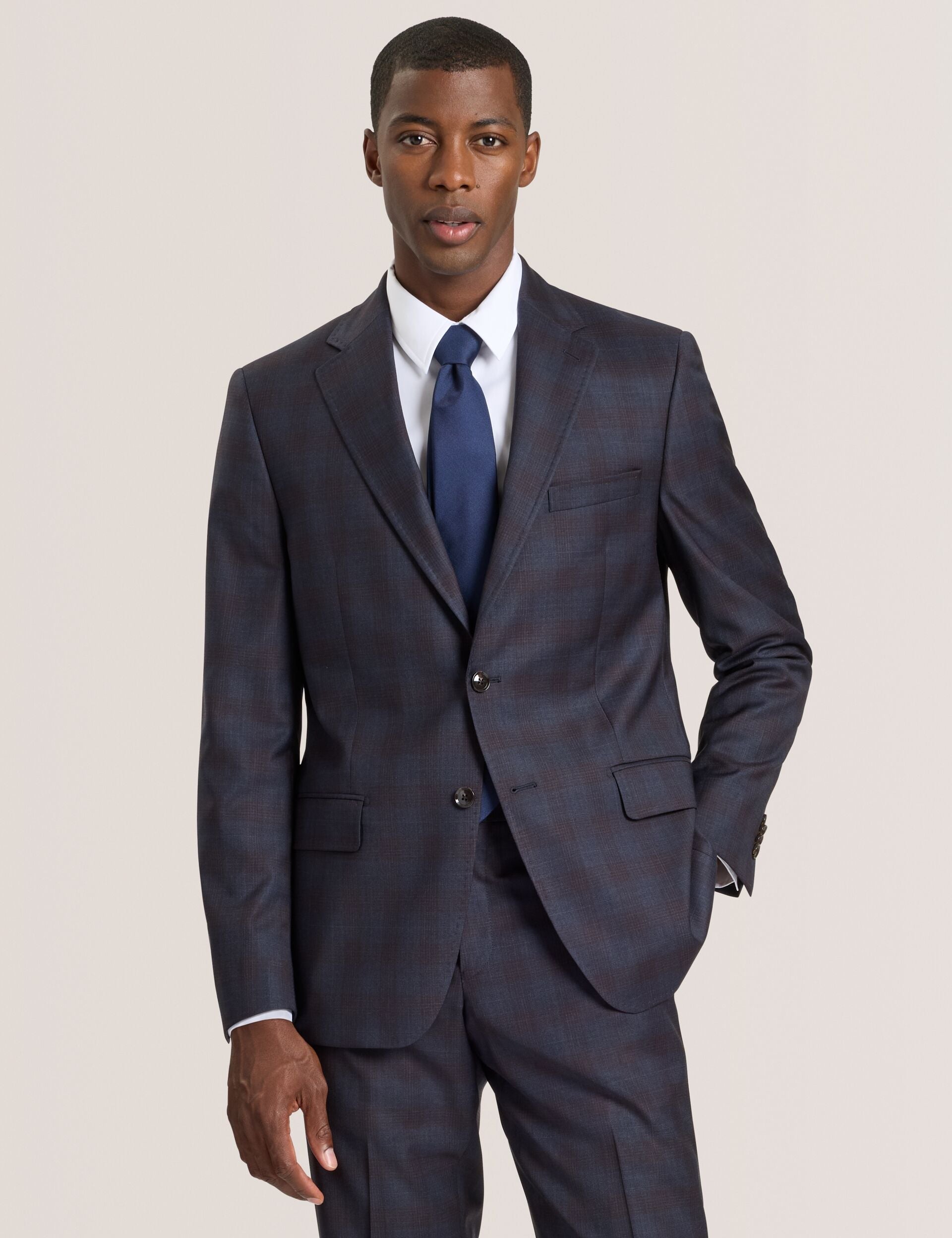 Ted Baker WRIGHT-PLAID – Single Breasted Two Button Notch Fully Fashioned Plaid Suit Jacket BROWN