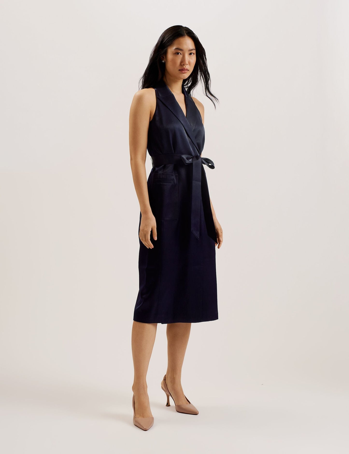 Ted Baker TEERUD - Tailored Satin Midi Dress with Belt NAVY