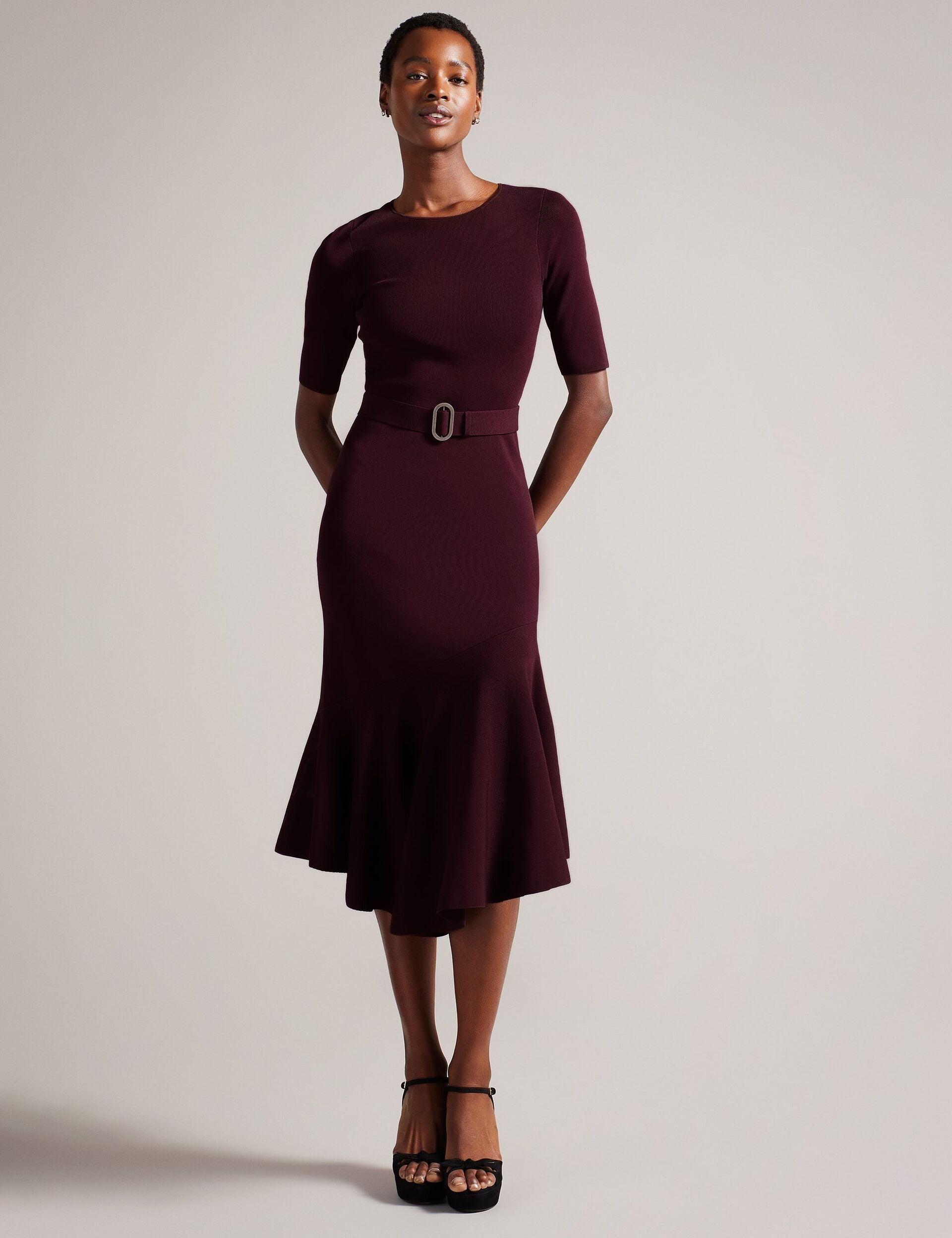 Ted Baker SAMALEE - Flippy Hem Knitted Midi Dress DARK RED