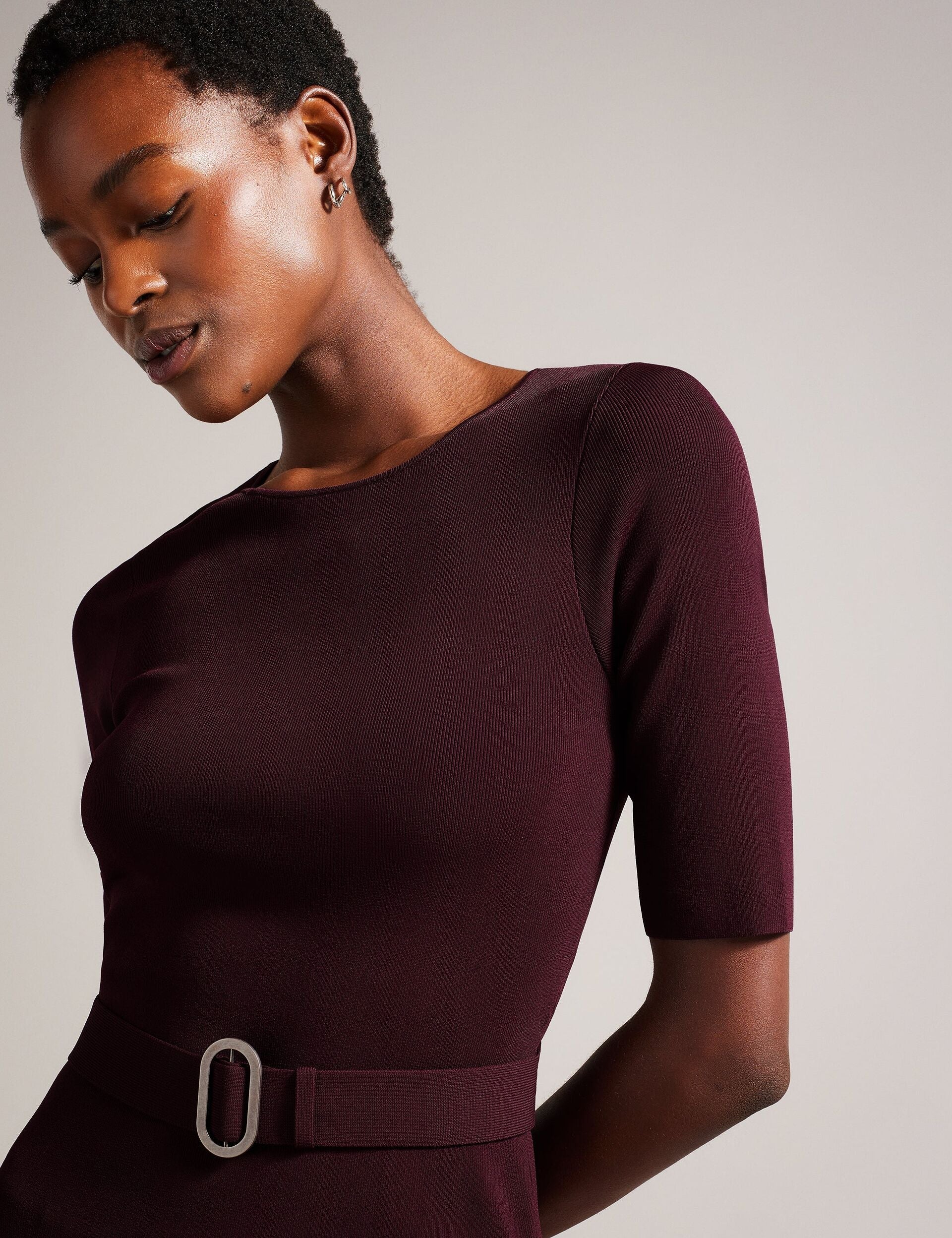 Ted Baker SAMALEE - Flippy Hem Knitted Midi Dress DARK RED