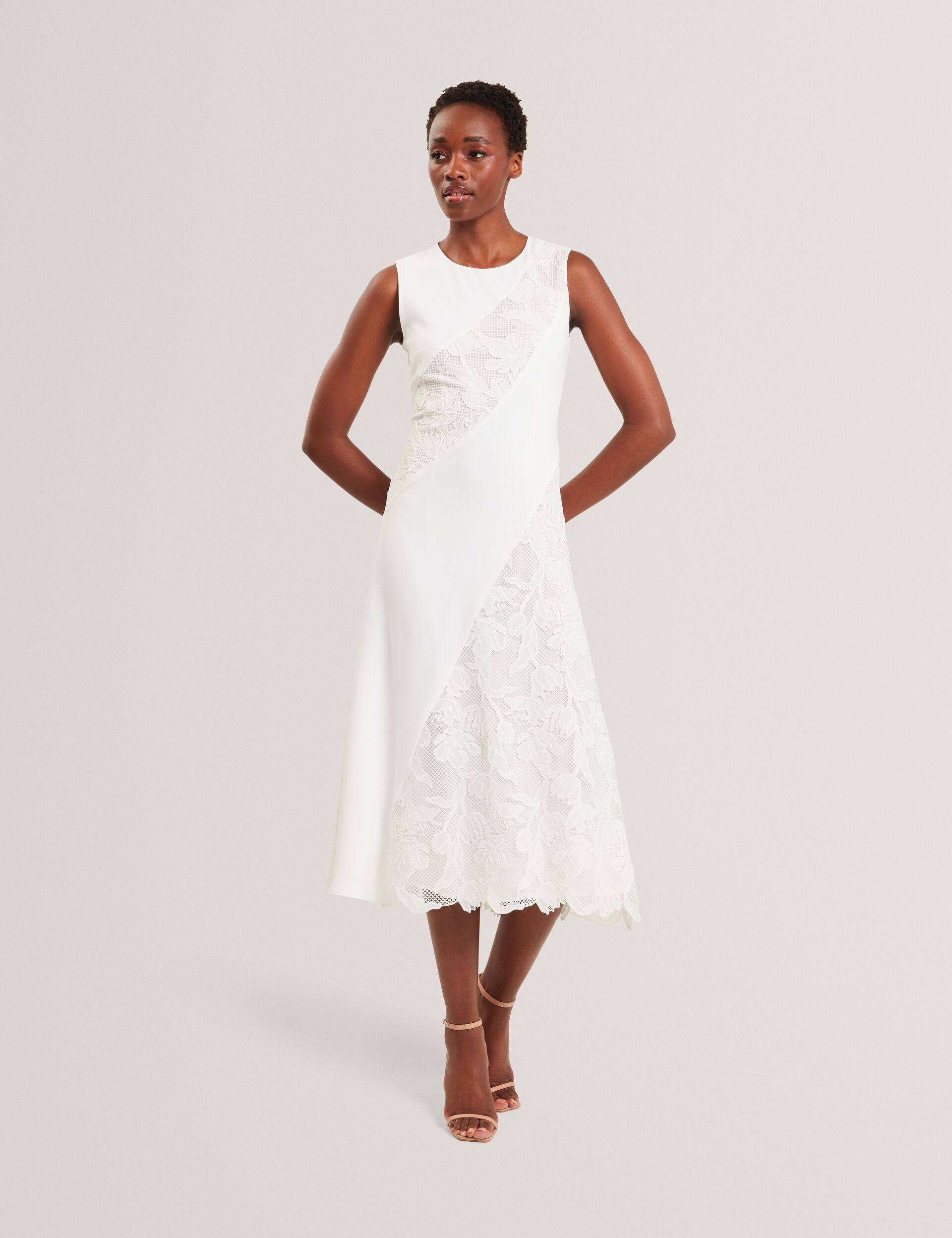 Ted Baker SLEEVELESS LACE APPLIQUE MIDI DRESS - White WHITE