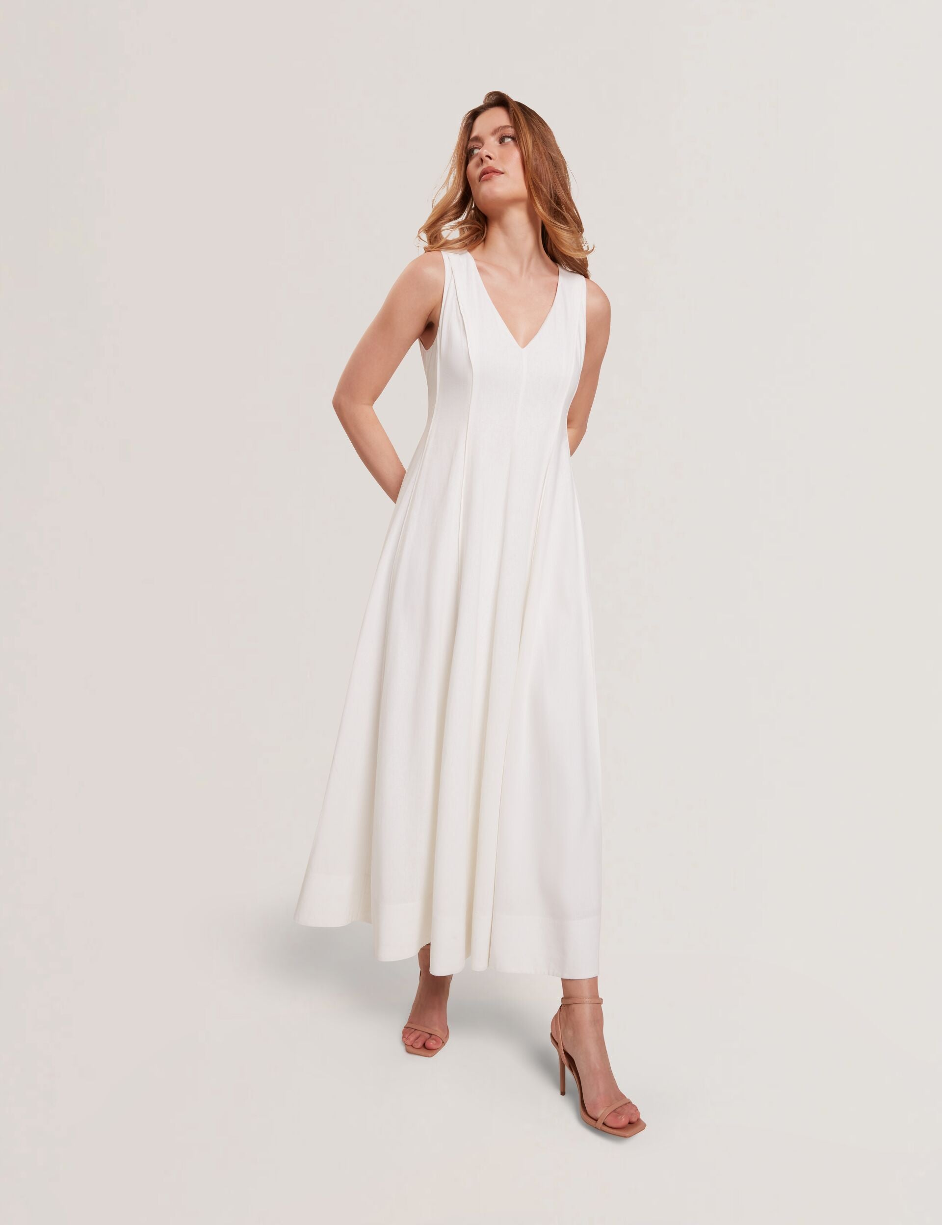 Ted Baker SLEEVELESS V-NECK PLEATED MAXI DRESS - White WHITE
