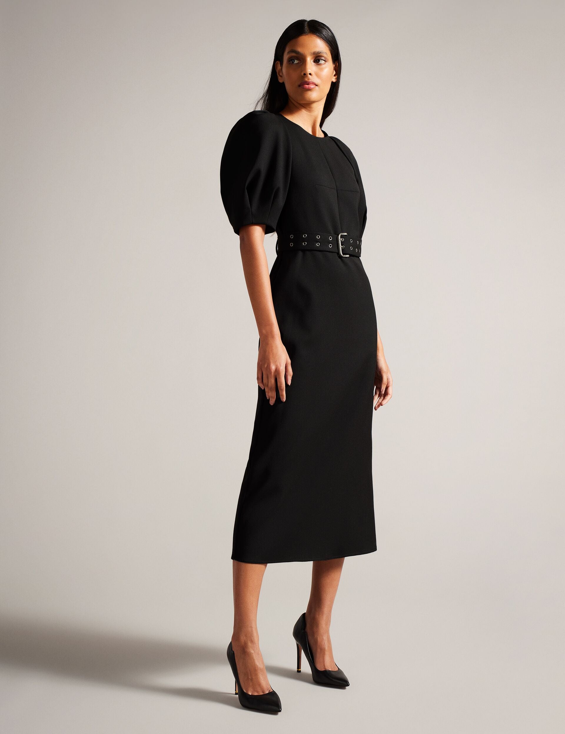 Ted Baker GABYELA - Structured Puff Sleeve Midi Dress With Belt BLACK