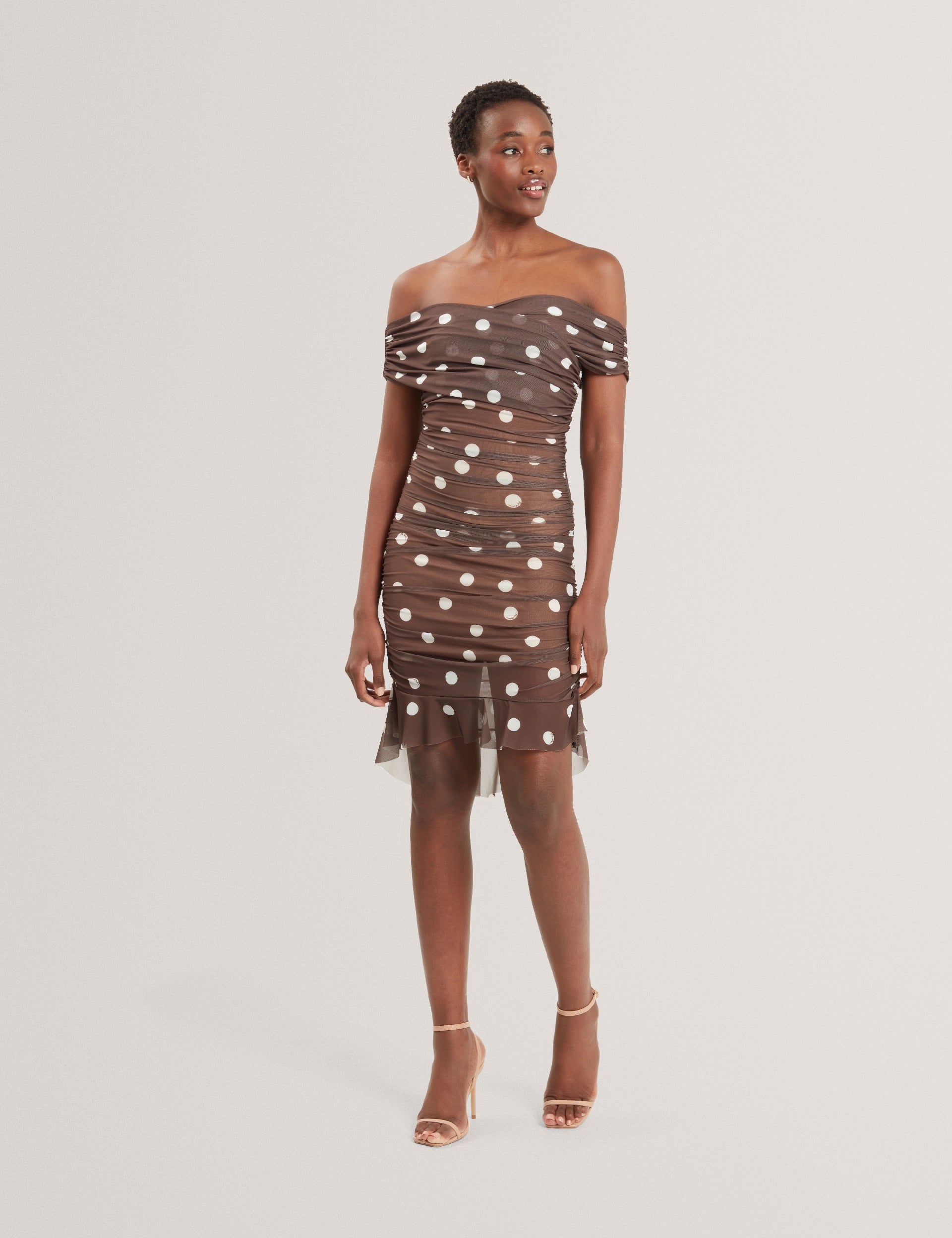 Ted Baker TILDAHH - Off-Shoulder Polka Dot Mesh Mini Dress DARK BROWN