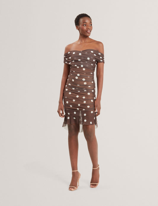 Ted Baker TILDAHH - Off-Shoulder Polka Dot Mesh Mini Dress DARK BROWN